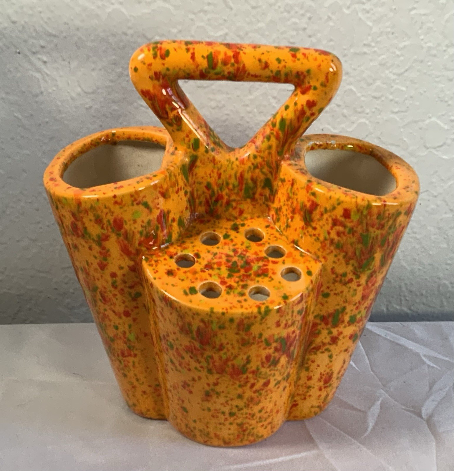 Vtg Splatter Ware Ceramic Vase Frog Caddy Byron Mold Orange Red Green MCM