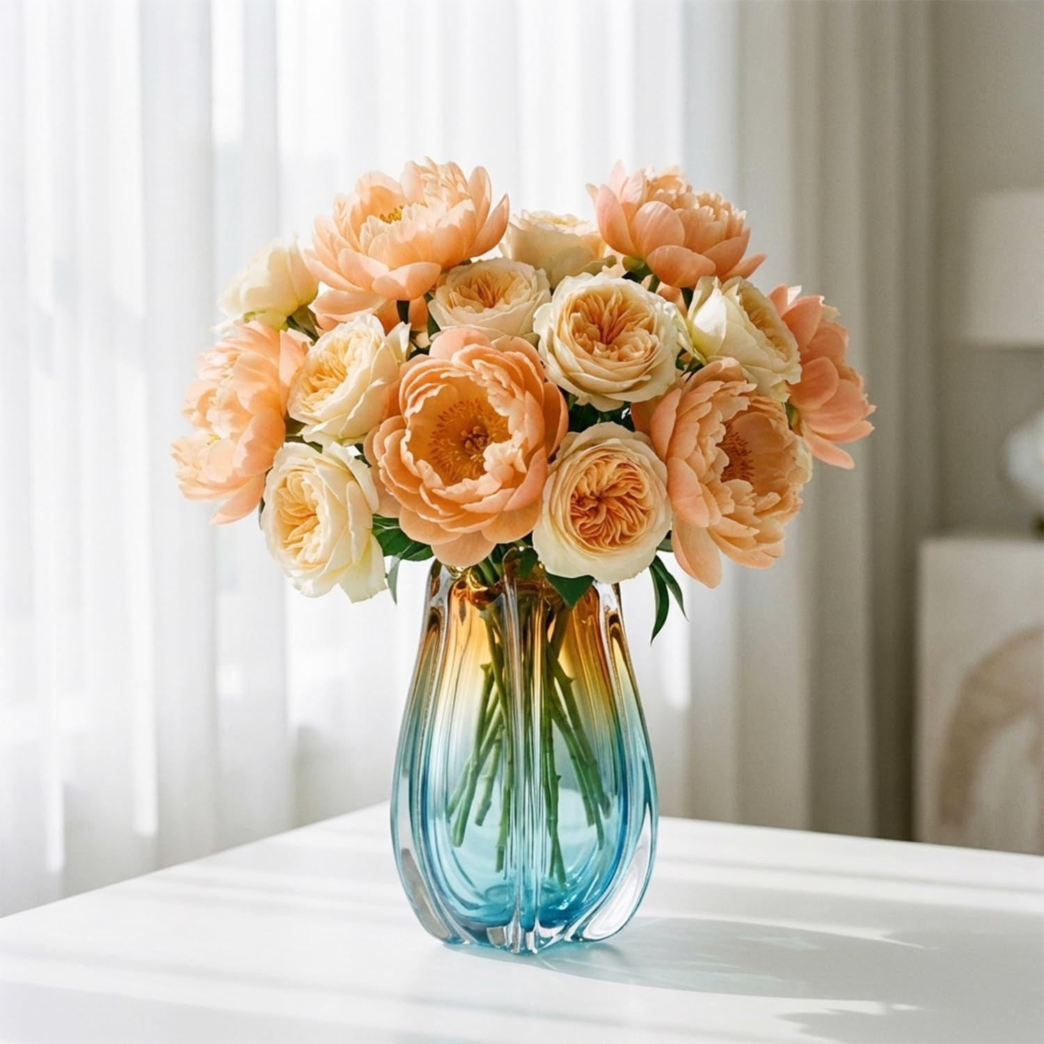 Hand Blown Glass Vase for Flowers, 9.45″ Unique Murano Style Art Glass Vase, Flu
