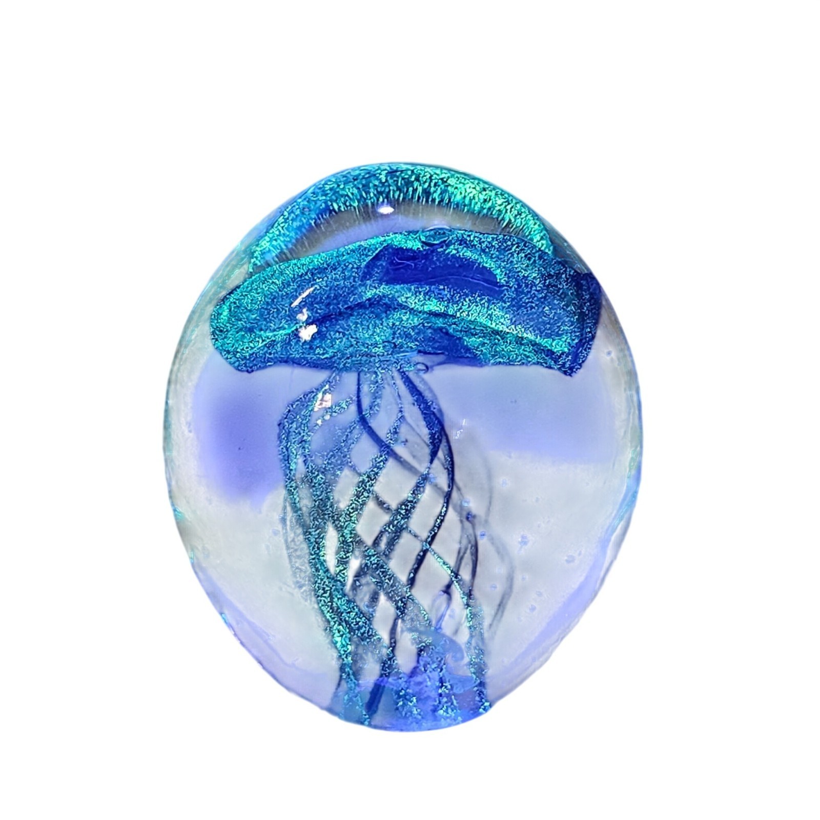 Handmade Blue Jellyfish Art Glass Paperweight Glows Under Blacklight 3.25″
