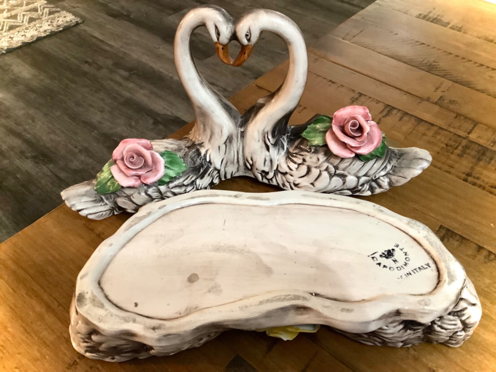 RARE VINTAGE 1950s CAPODIMONTE ITALY DOUBLE SWANS TRINKET BOX COOKIE JAR