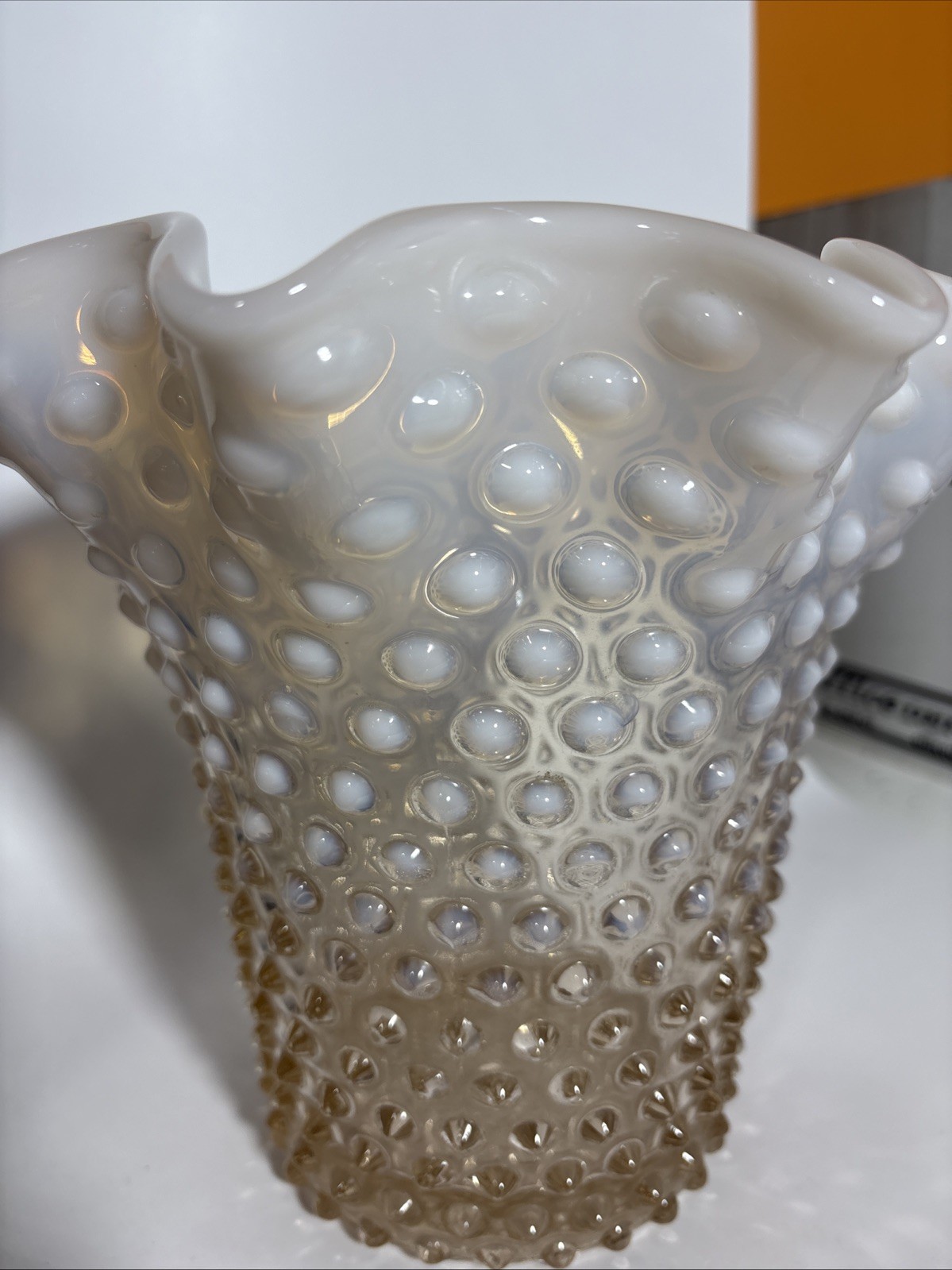 DUNCAN MILLER RUFFLED HOBNAIL Opalescent Peach White Ombré Vase 7.5”