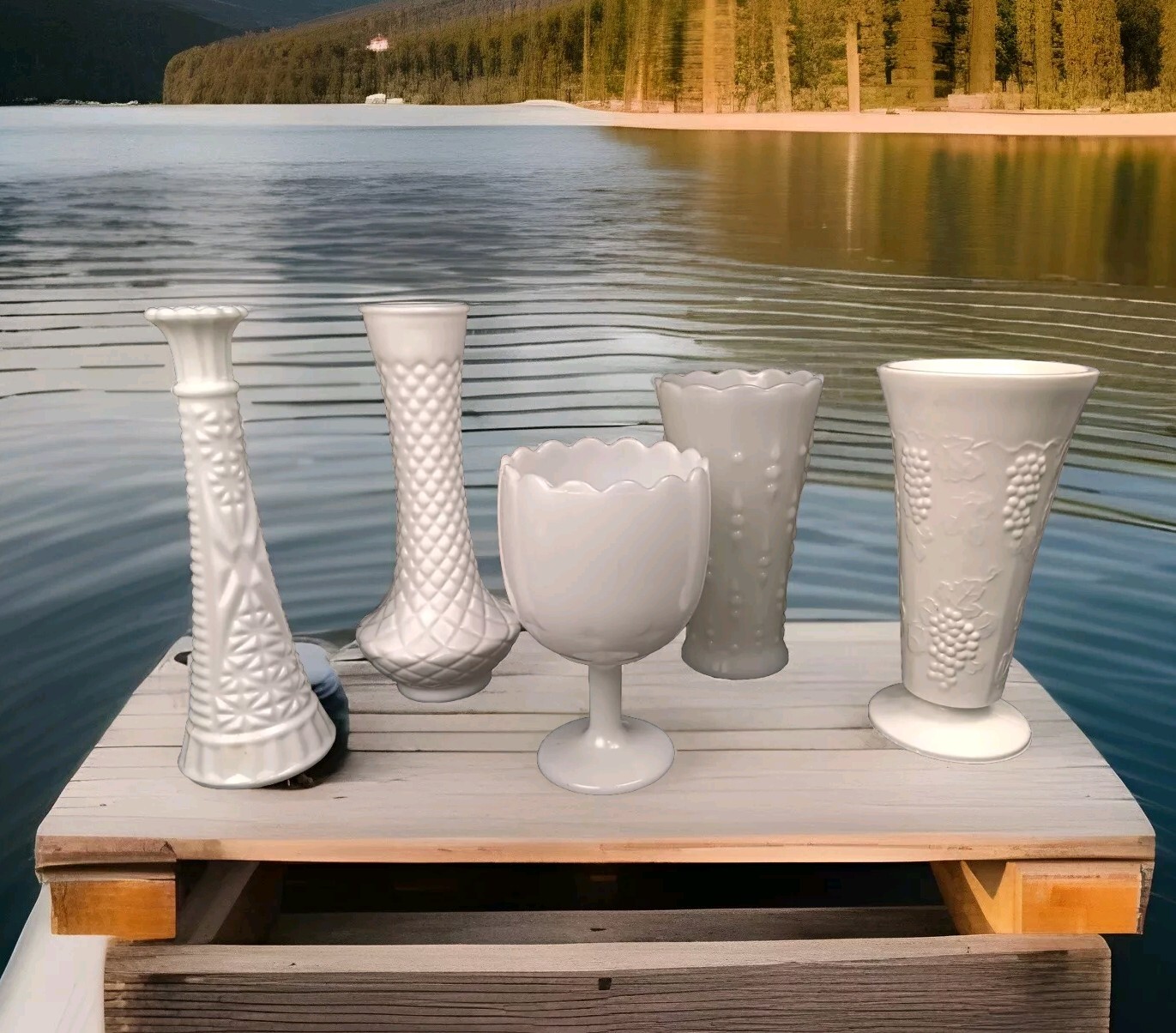 5 Hoosier Milk Glass Vases 1 Footd Grape 1 Stem 1 Diamond Flared 1 Bubble 1 Ste