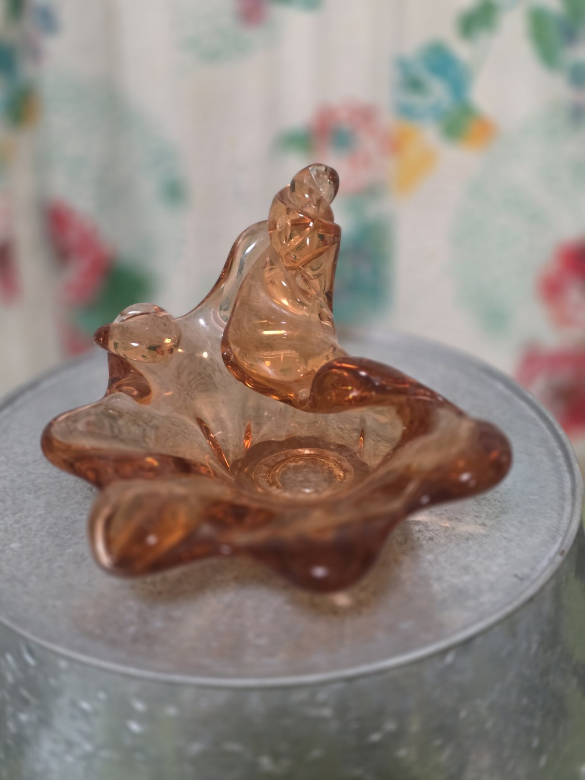 Vintage Canadian Chalet Amber Centerpiece Ashtray Hand Blown Art Glass Freeform