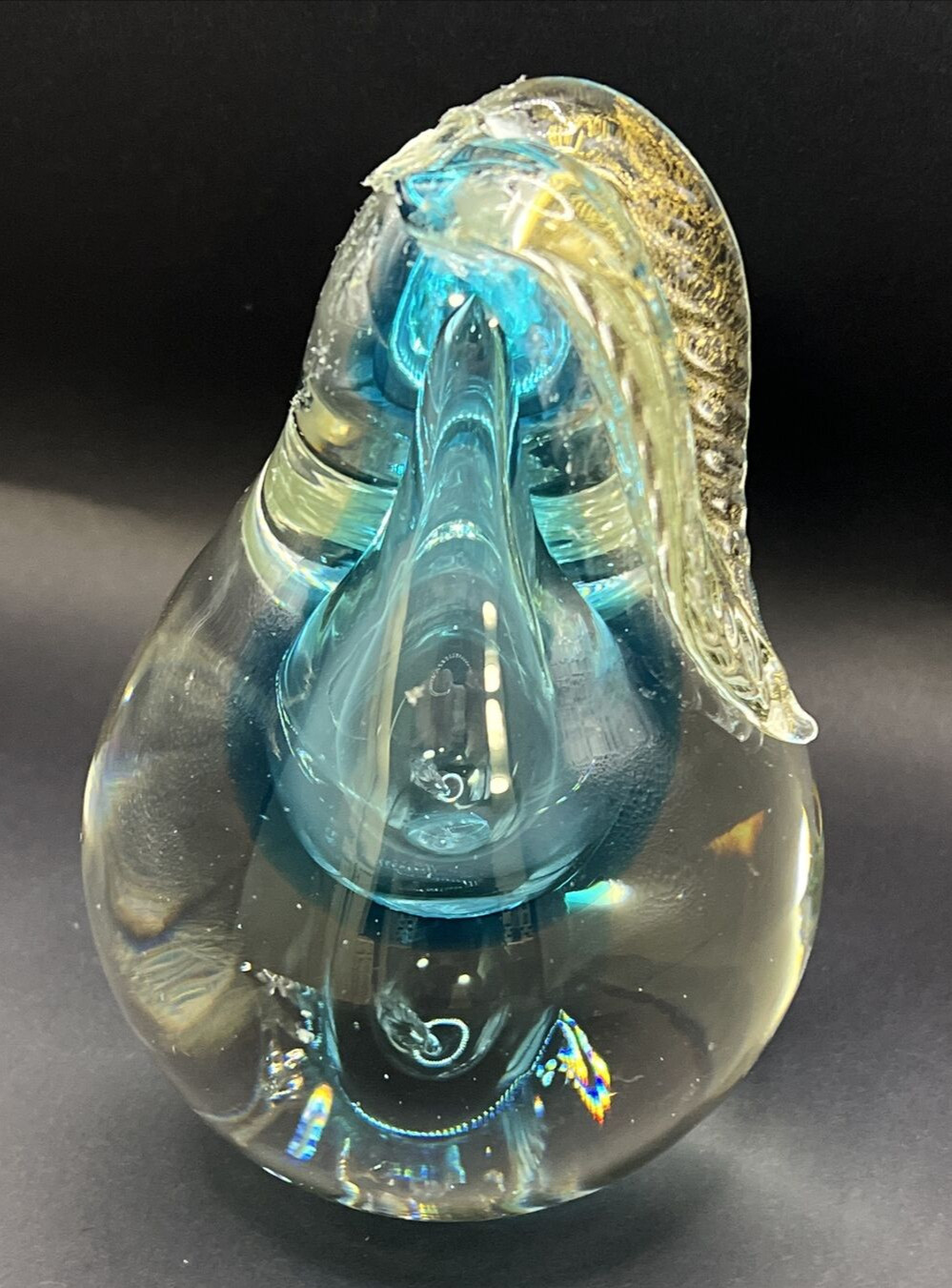 Vtg Chalet Canada Art Glass Blue Gold Clear MCM Paperweight Pear PLEASE READ