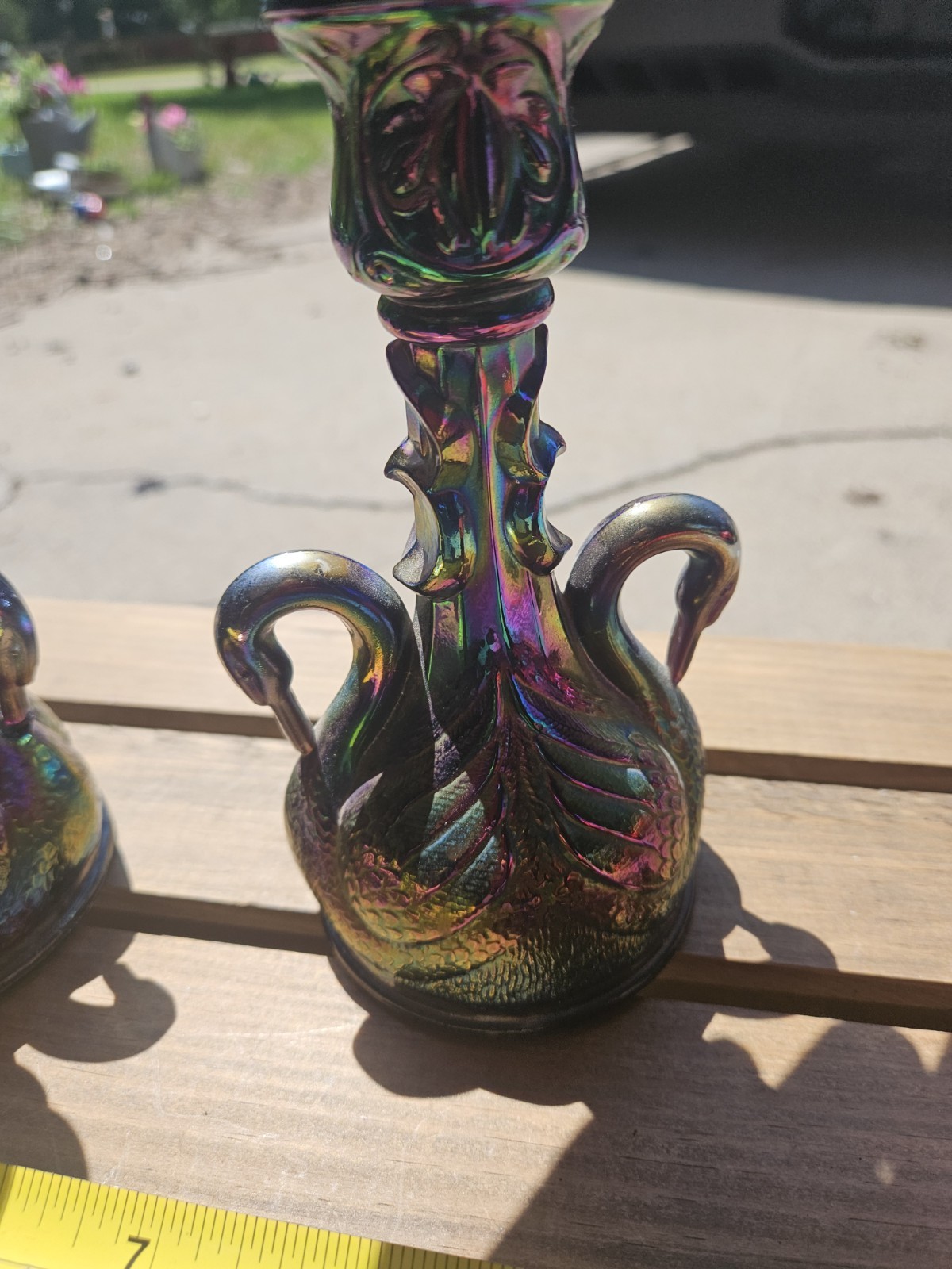 VINTAGE FENTON IRIDESCENT AMETHYST CARNIVAL GLASS SWAN CANDLESTICK. Read Below!