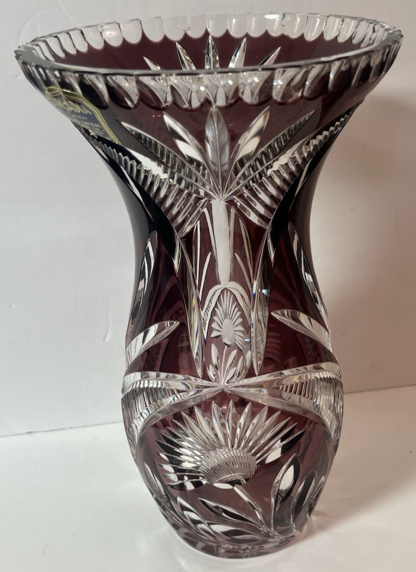 Vintage Arcadia Bohemian Cranberry Hand Cut to Clear Lead Crystal 11.5″ VASE