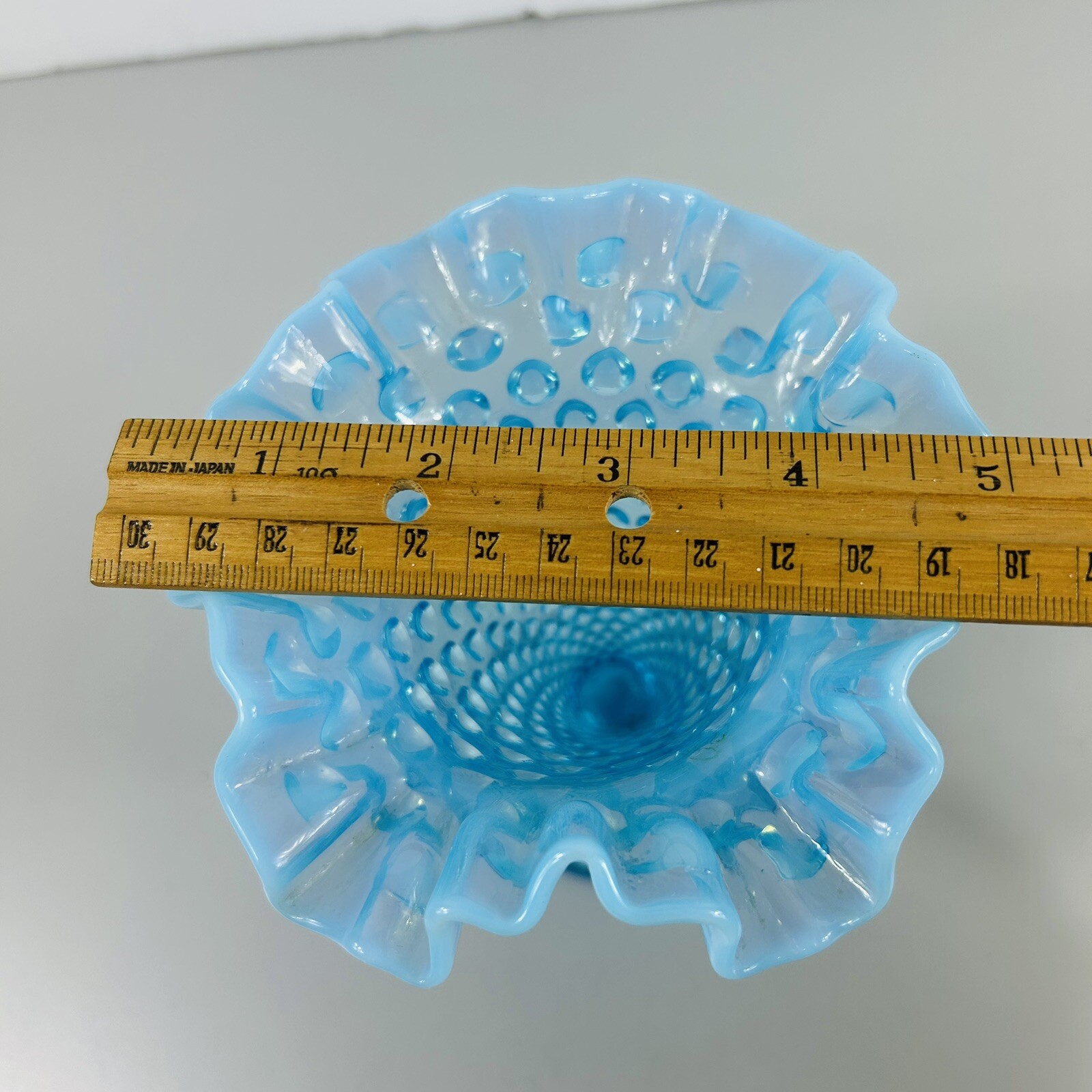Vintage Opalescent Aqua Blue Glass Hobnail Vase Fluted Ruffled Edge Footed 5.75″