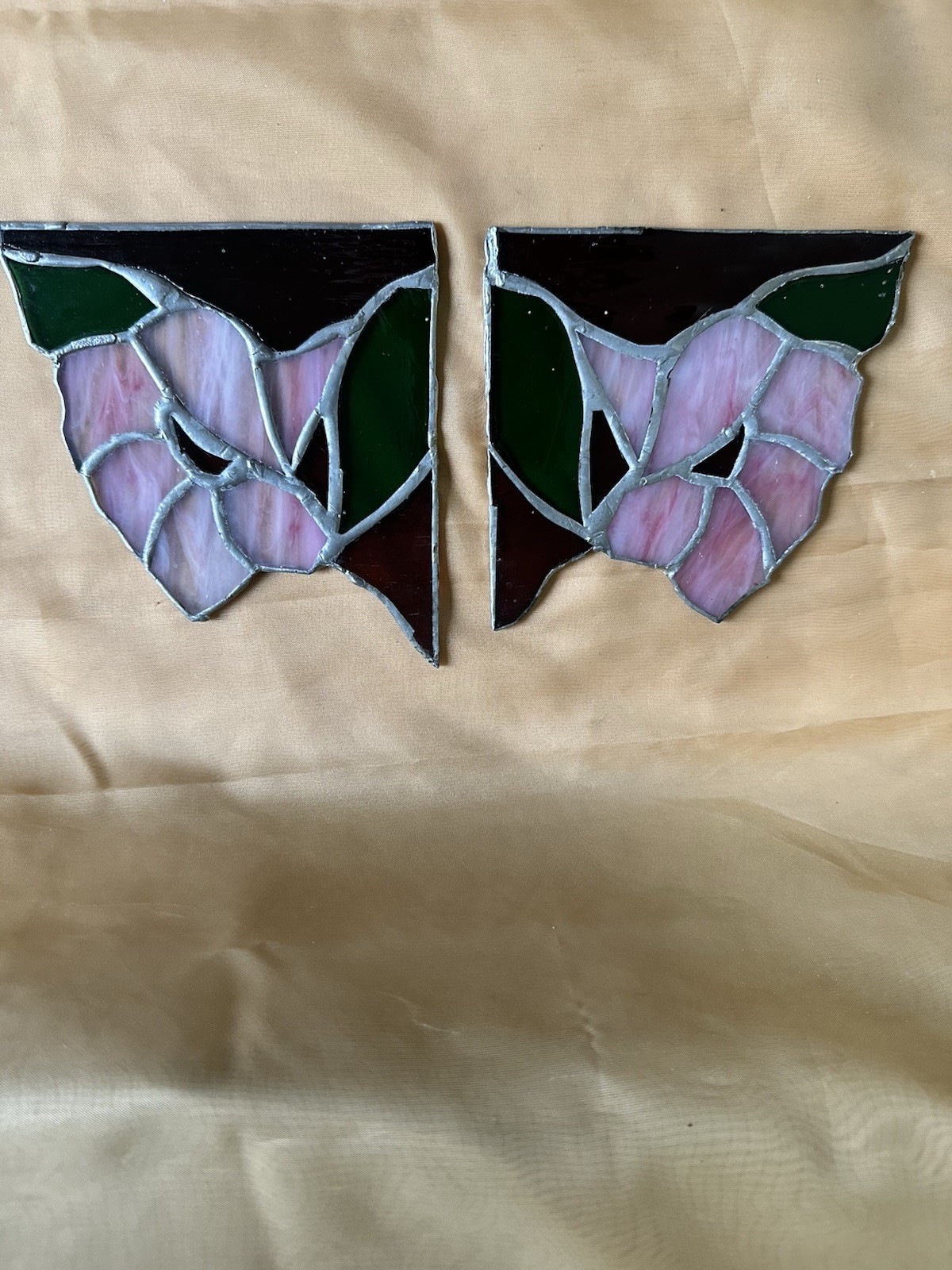 2 Stained Glass Corner Window Panels Handcrafted Victorian Style Floral Design