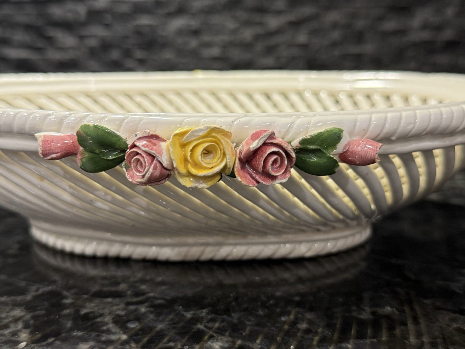 Vintage Hand Painted Italy Ceramic Lattice Basket Bowl Applied Roses Floral