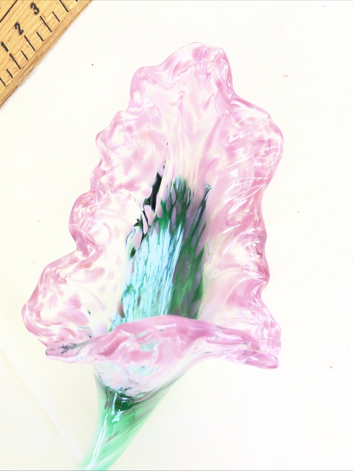 Two Vintage Handblown Art Glass Flowers Pink Purple & Green
