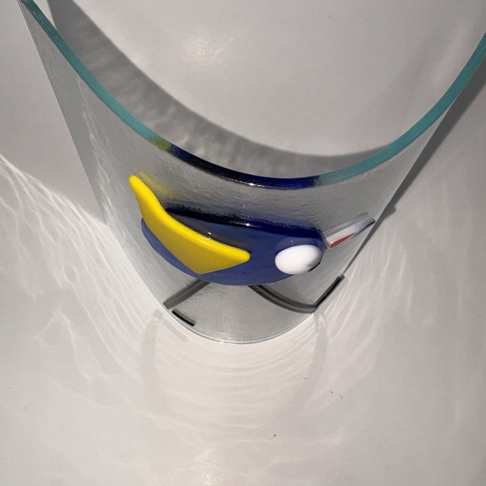 Fused Glass Bird on Curved Glass Sculpture Signed Blue Bird Home Decor 6”x6”