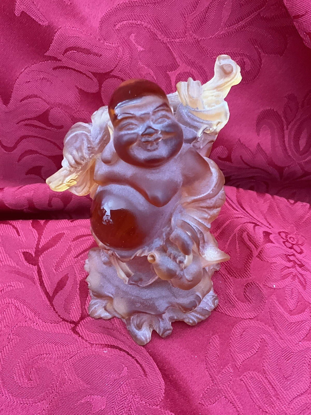 FLAWLESS DAUM Glass Pate De Verre Crystal STANDING GOLDEN HAPPY BUDDHA Figure