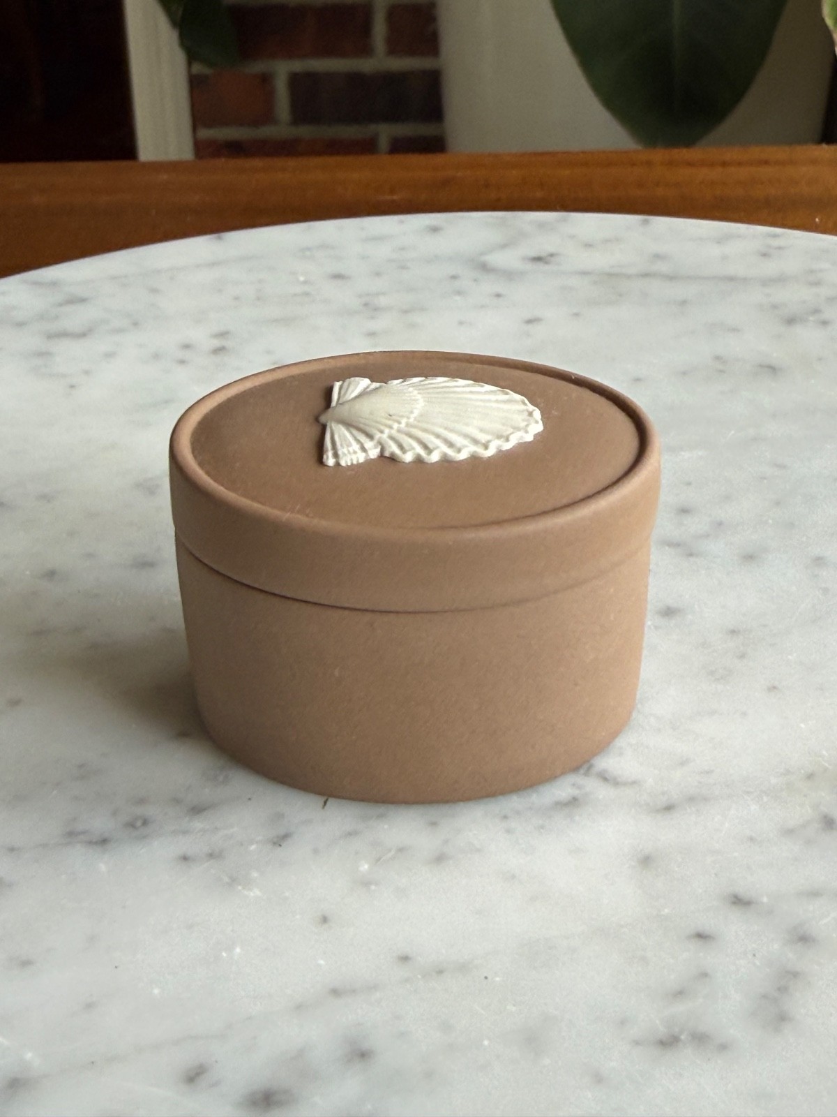 Wedgwood Brown Jasperware Small Oval Shaped Lidded Box With Shell