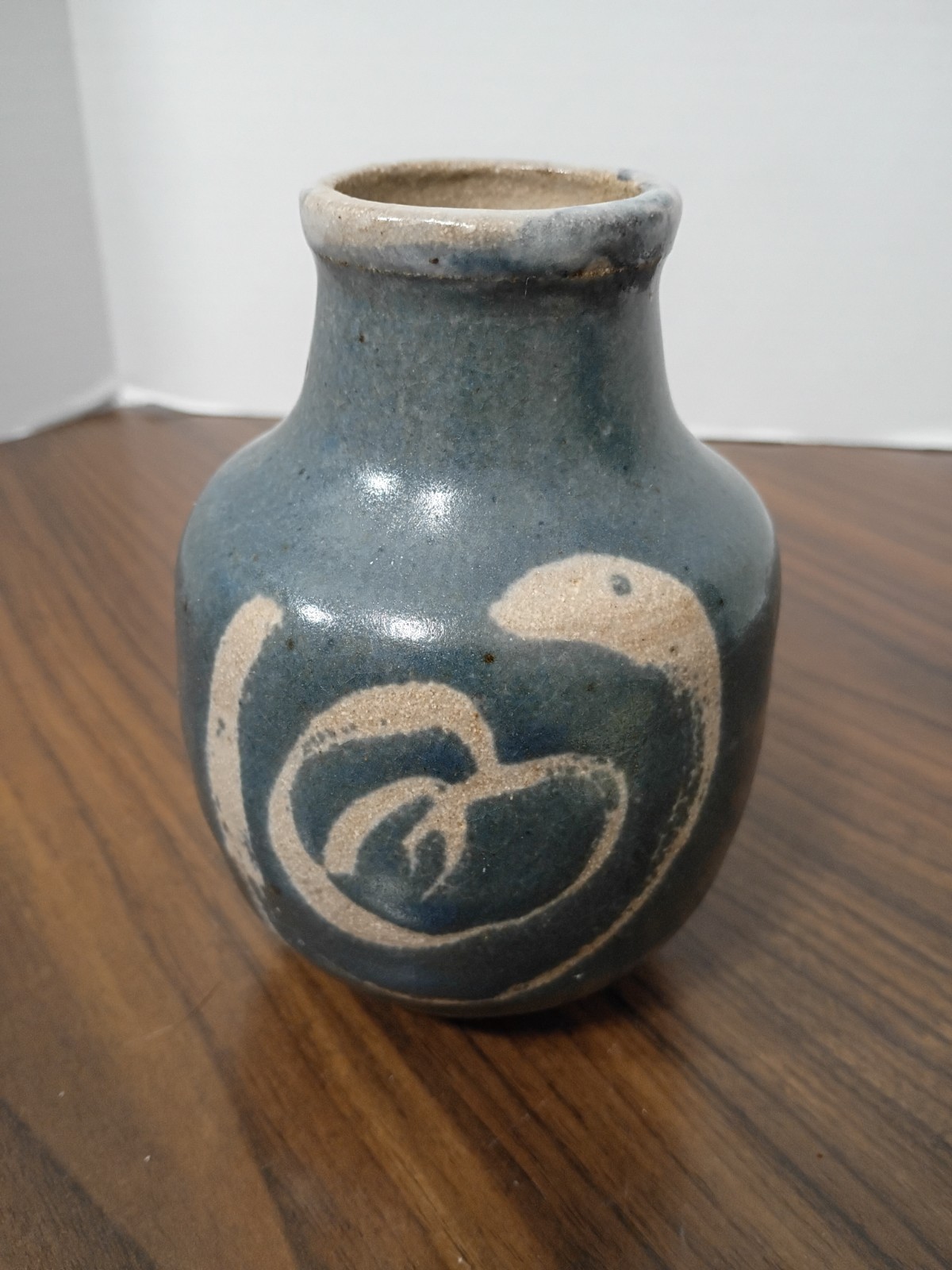 Handmade art pottery vase with snake pattern, blue-gray color 5.25″