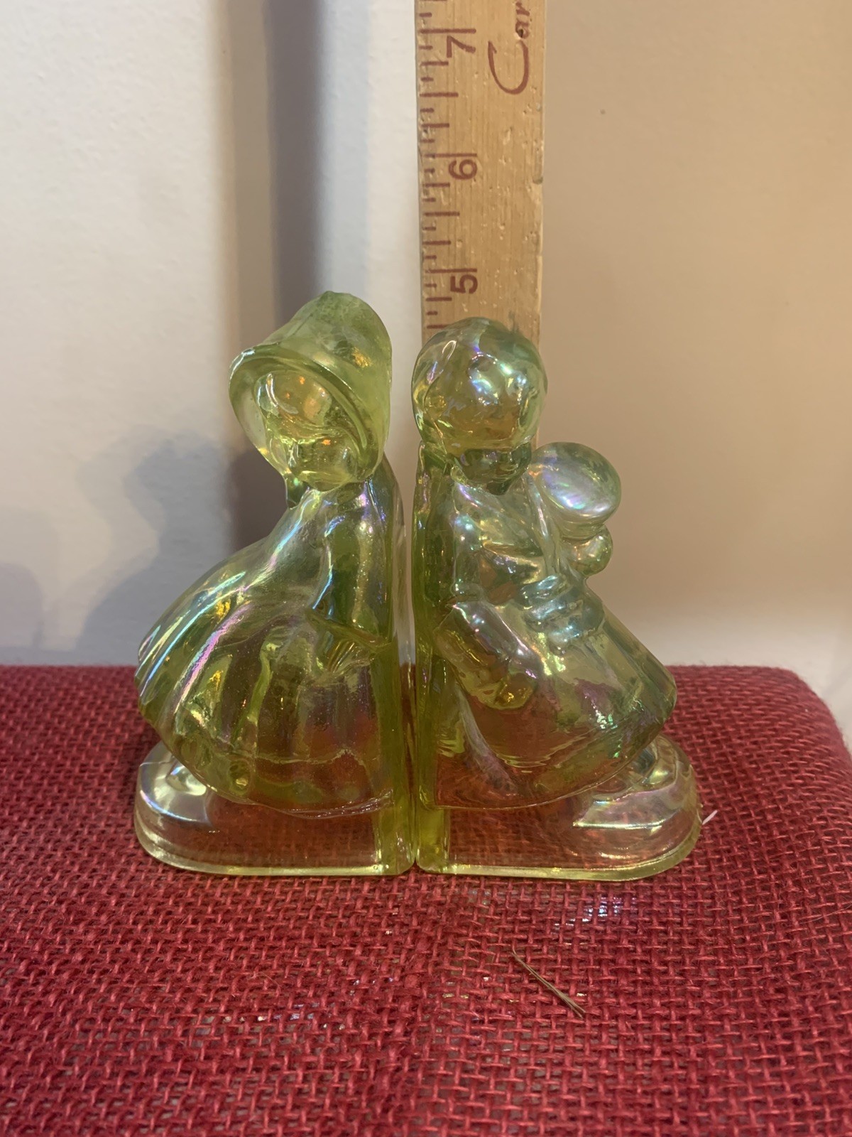 Vintage Wheaton Iridescent Vaseline Carnival Glass Boy & Girl Figurine Book Ends