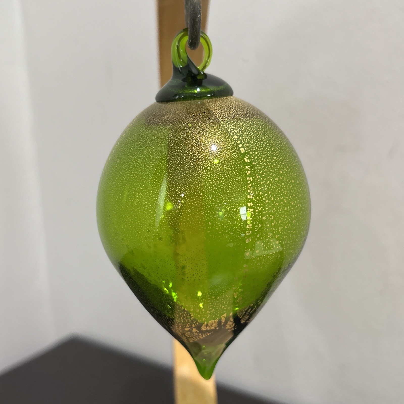 Glass Eye Studio Hand Blown Glass Teardrop Ornament Green Gold Foil Raindrop