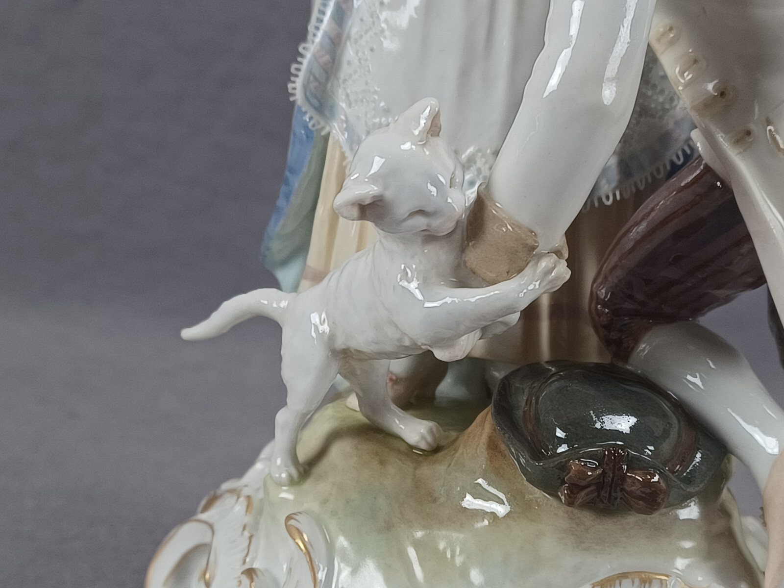 Antique KPM Berlin Hand Painted Couple Porcelain Figurine Group With Cat