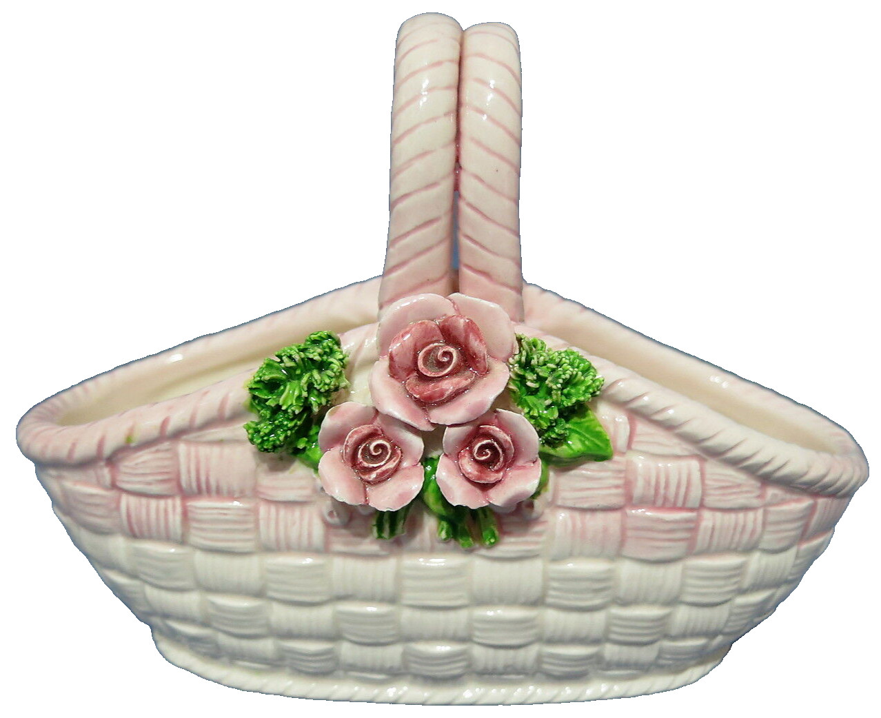 Lefton White Wicker Look Basket w Pink Flowers Spaghetti Leaves 4 5/8″ T #01355