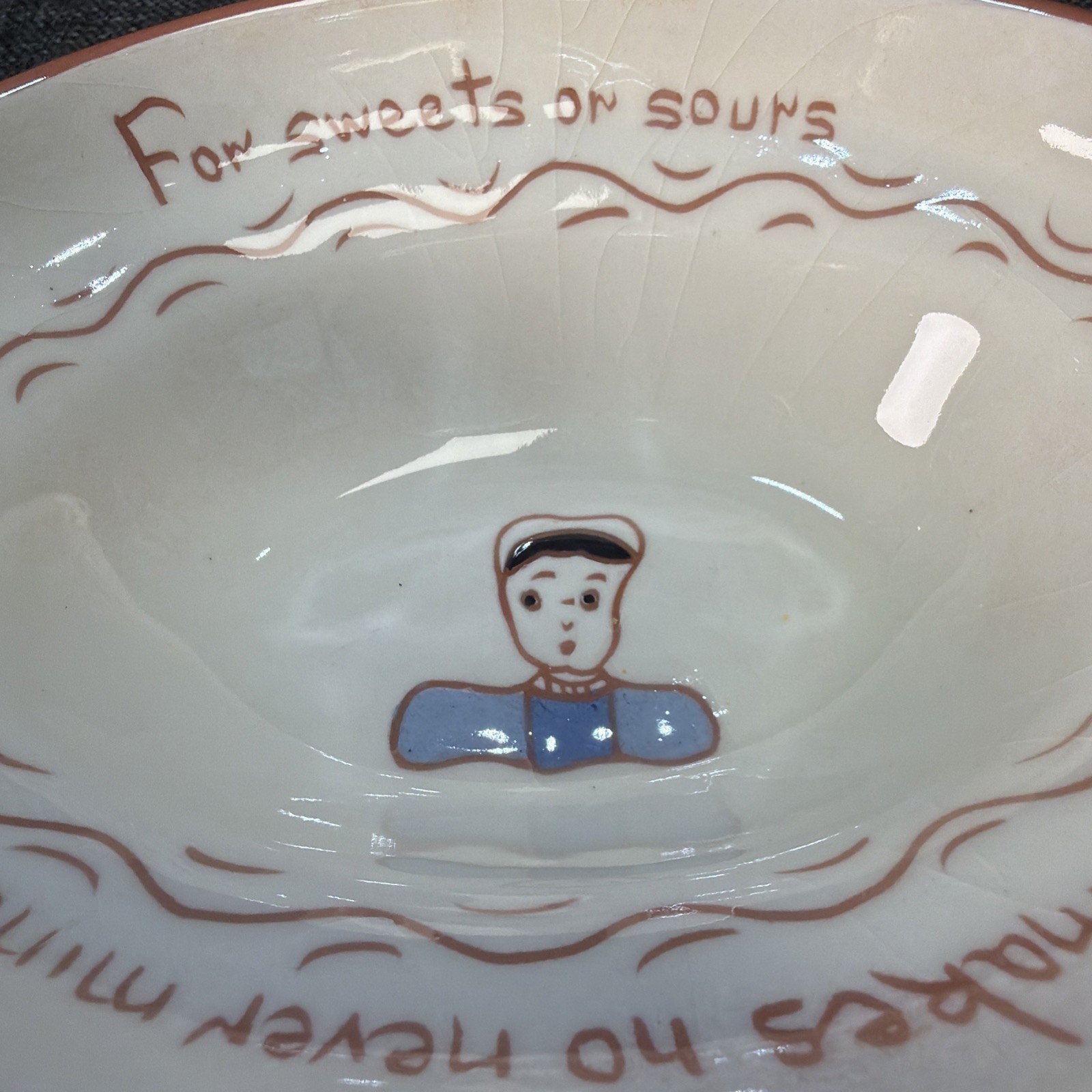 VTG Ruth Price Pennsylvania Dutch Motto Ware Candy Dish For Sweets Or Sours
