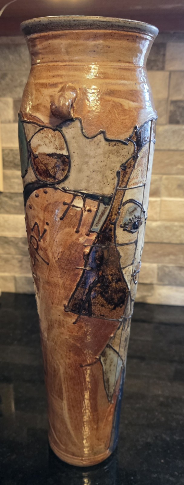 Hand Thrown Studio Art Pottery 16.5″ Vase – Brown Blue Tan Glaze One of A Kind