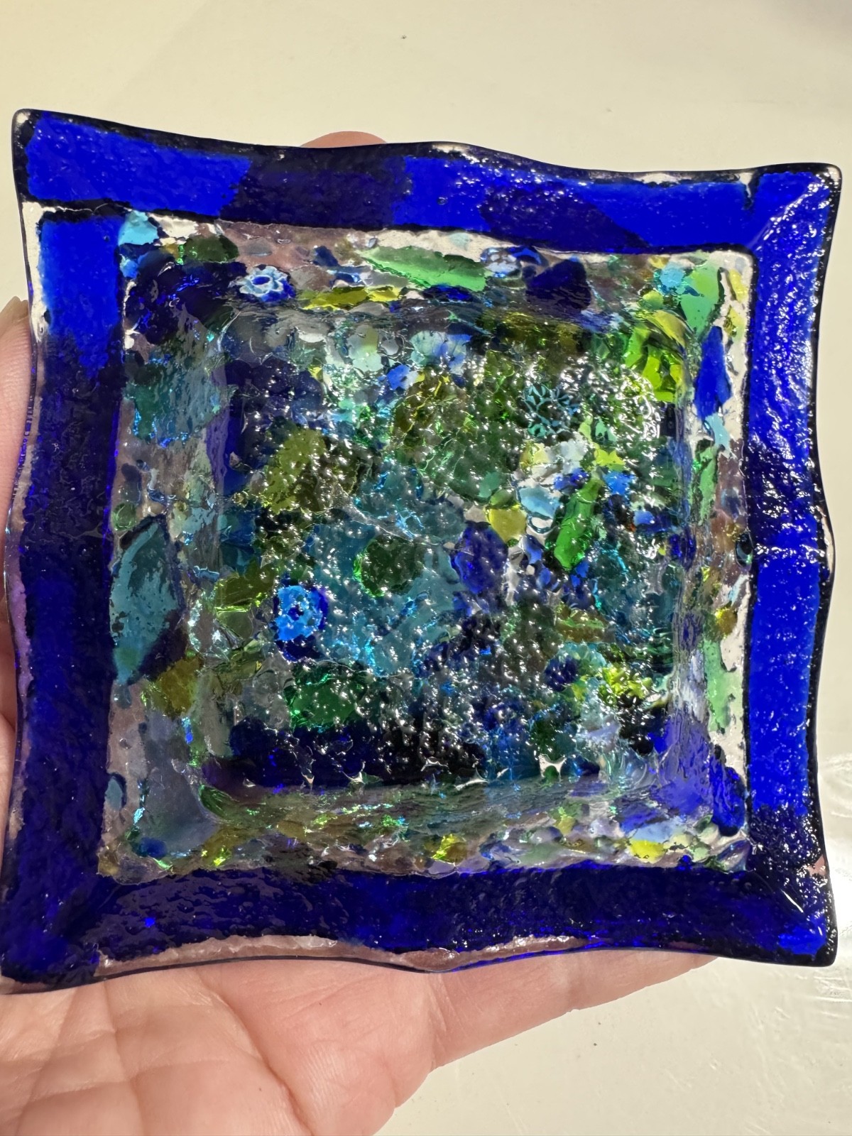 Murano Venetia Hand Fused Millefiori Blue Art Glass Candy Trinket Dish Square