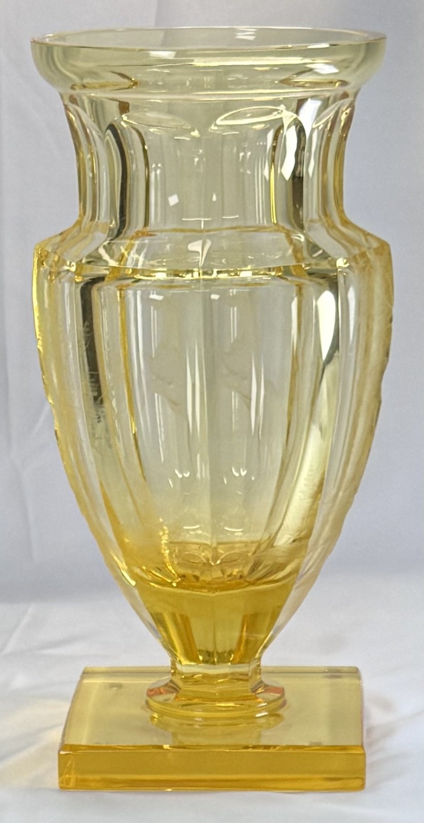 Moser Jumping Horse Vase Elder Yellow Engraved Potash Glass 12in