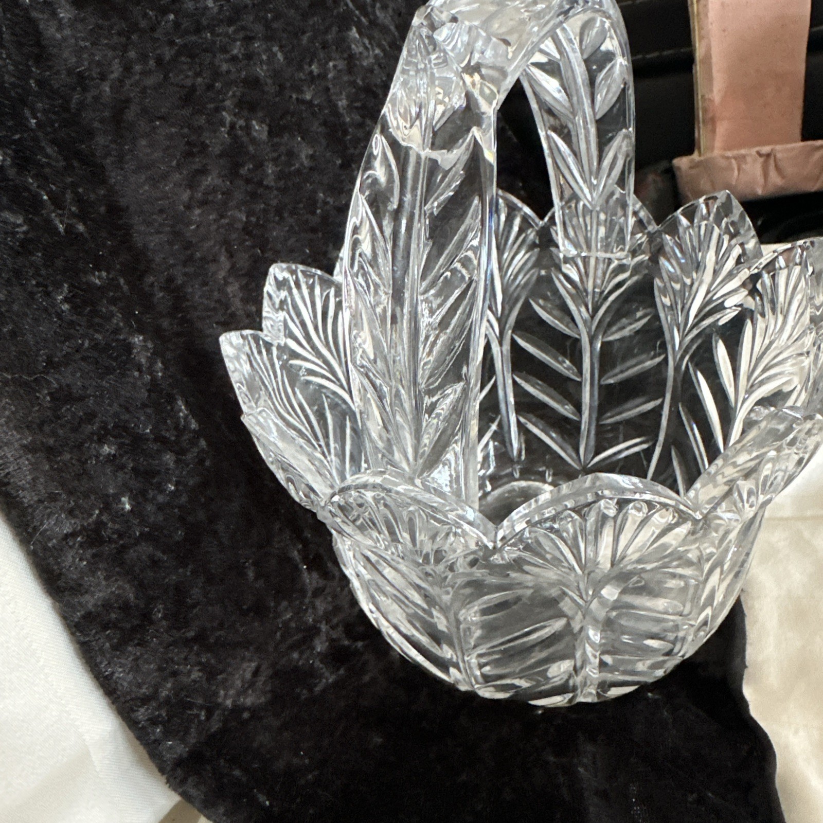 Vintage Crystal Glass Clear Handled Basket Leaf Design 8″Tall
