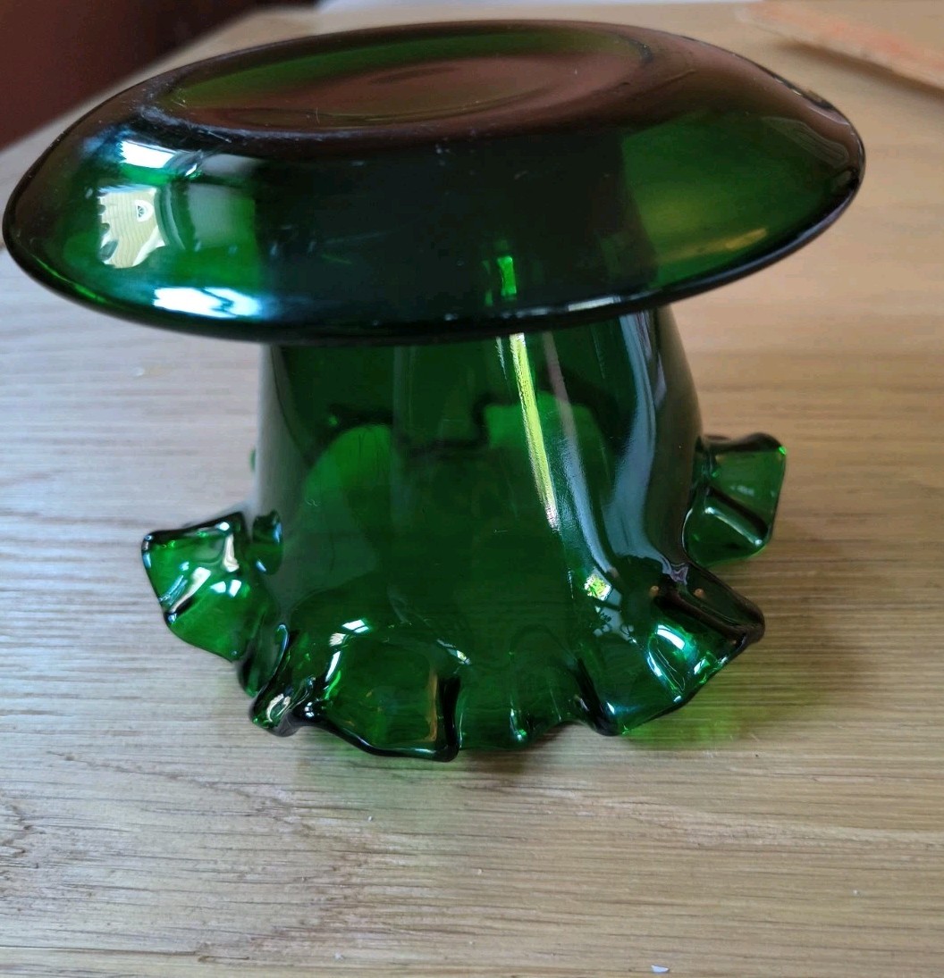 Vintage Fenton Forest Green Glass Ruffled Flower Pot Planter Attached Saucer