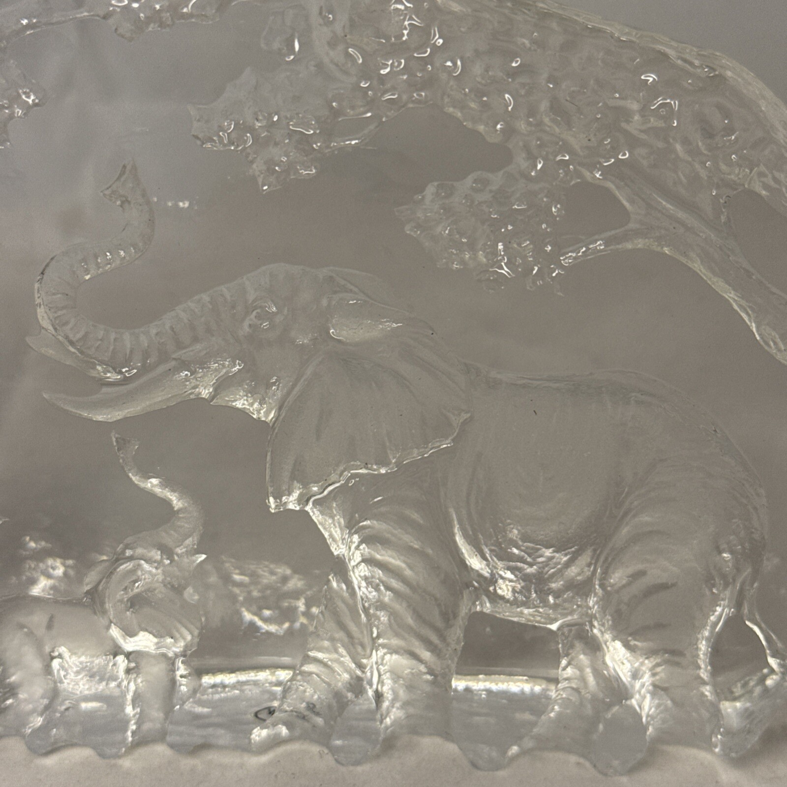 Clear Etched Art Glass Elephant Trunk Up Paper Weight 2.3lbs 5 7/8”x 4 7/8”x1”