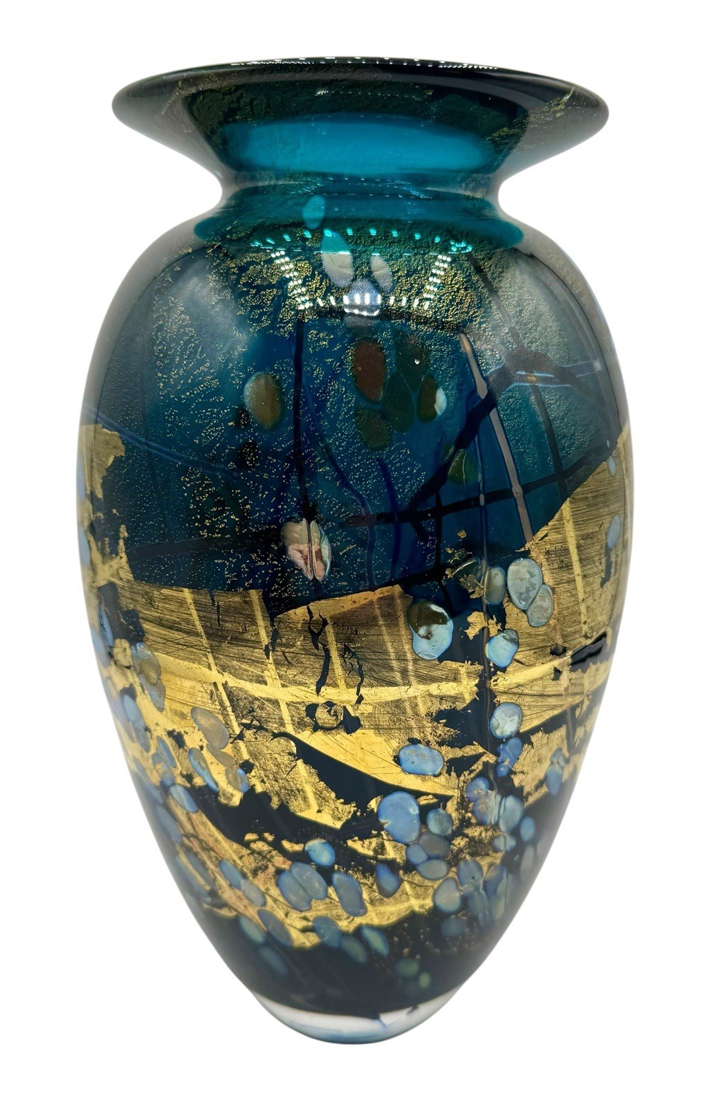 Signed Tim Lazer Art Glass Vase Gold Teal Aqua Blue Gold Black Luster 1994 9.25”