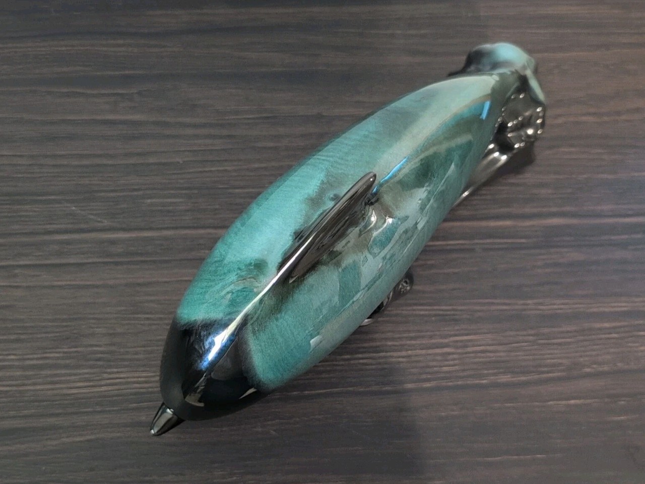 VTG Blue Mountain Pottery Jumping Dolphin Drip Glaze Turquoise Black Waves 12”