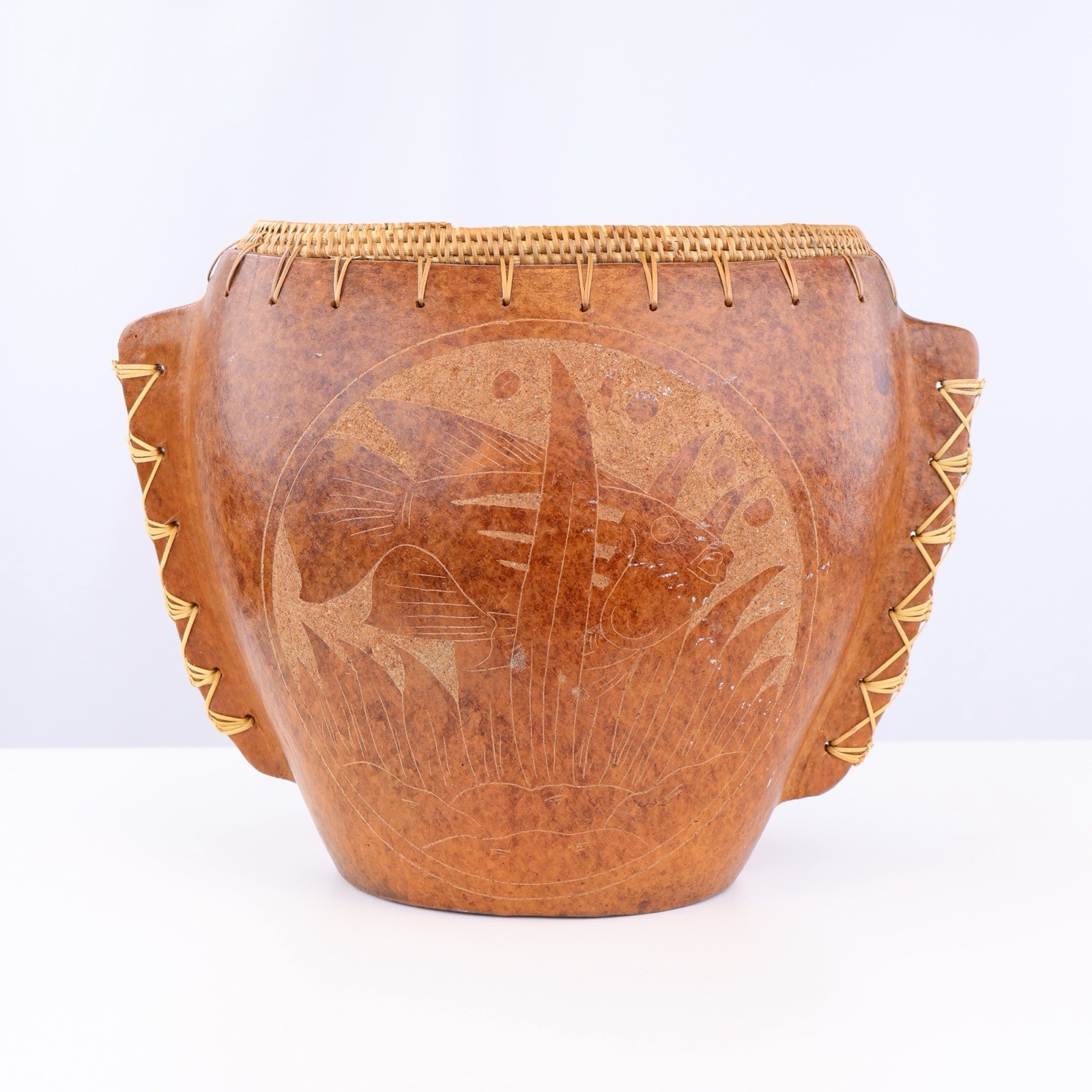 Vintage Indonesian Sasak Pottery Vase Large Lombok Art Clay Fish Detail Rattan