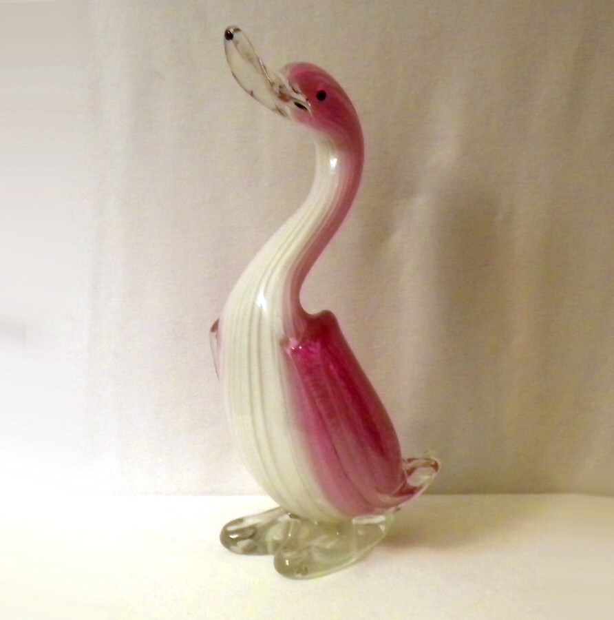 Vintage Pink Textured, clear & white Art Glass Duck Sculpture/Figurine 12 ½”