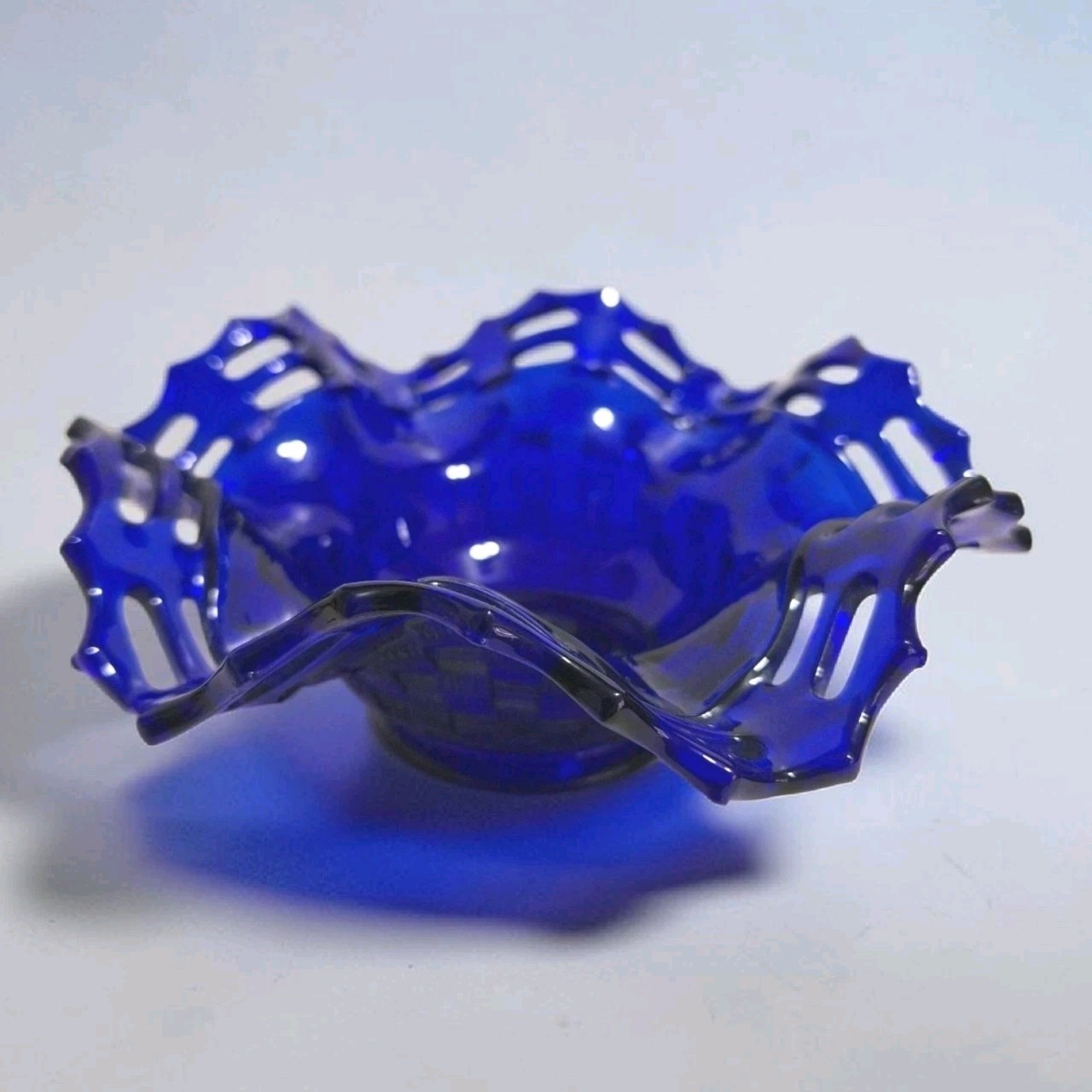 Vintage Fenton Cobalt Blue Open Weave Basket Candy Trinket Dish with Lace Rim