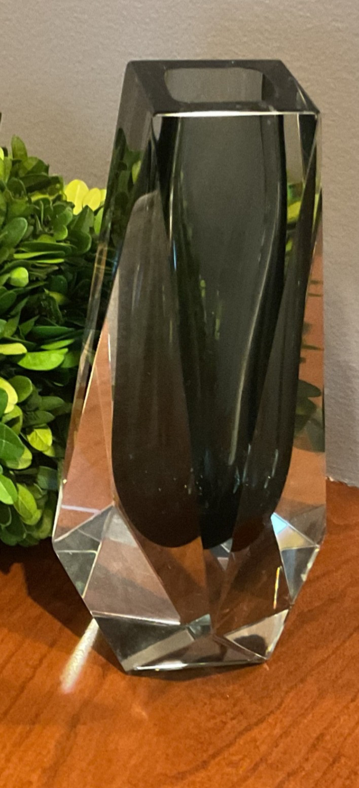 Murano Obsidian faceted glass vase art glass 8.75” vase gray clear Sommerso