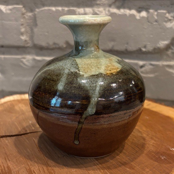 VTG Handcrafted Drip Glaze Pottery Bud Vase – Brown, Blue, & Green