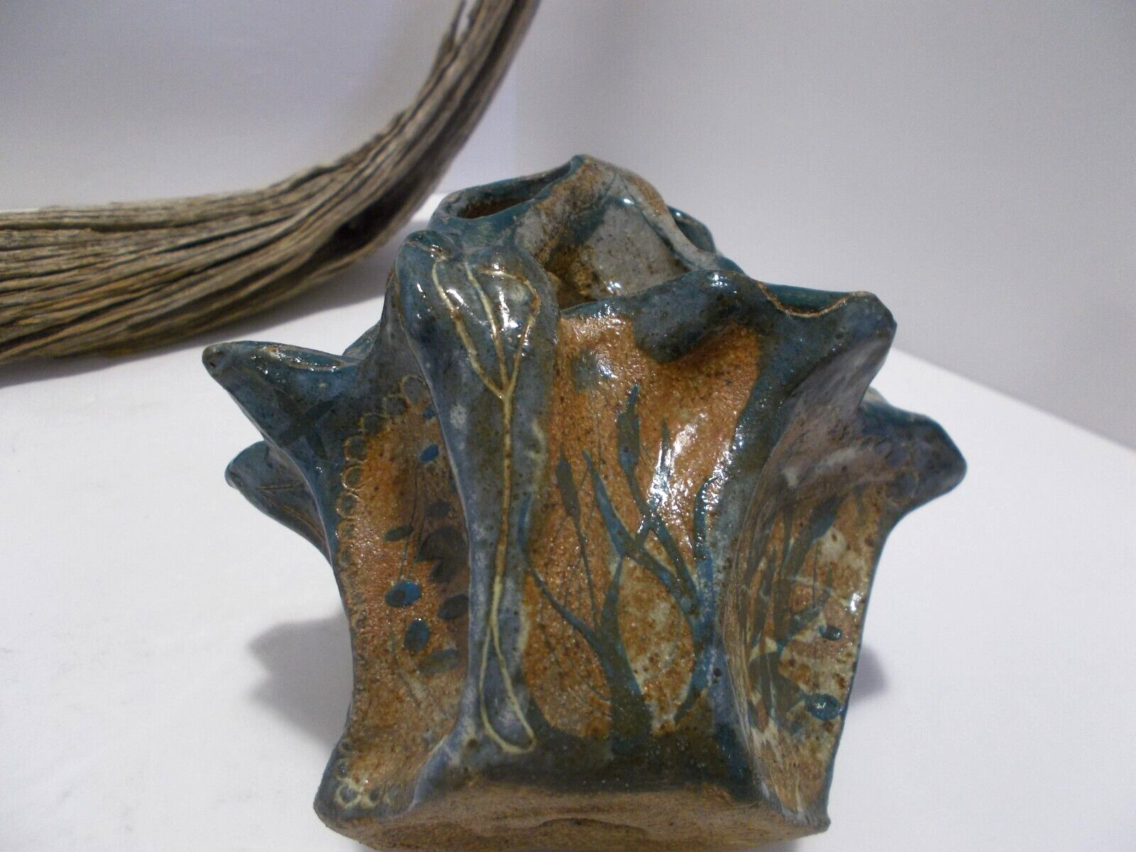 Artisan Made Arts and Crafts Pottery Small Vase w Flower Frog or Abstract Tree ?