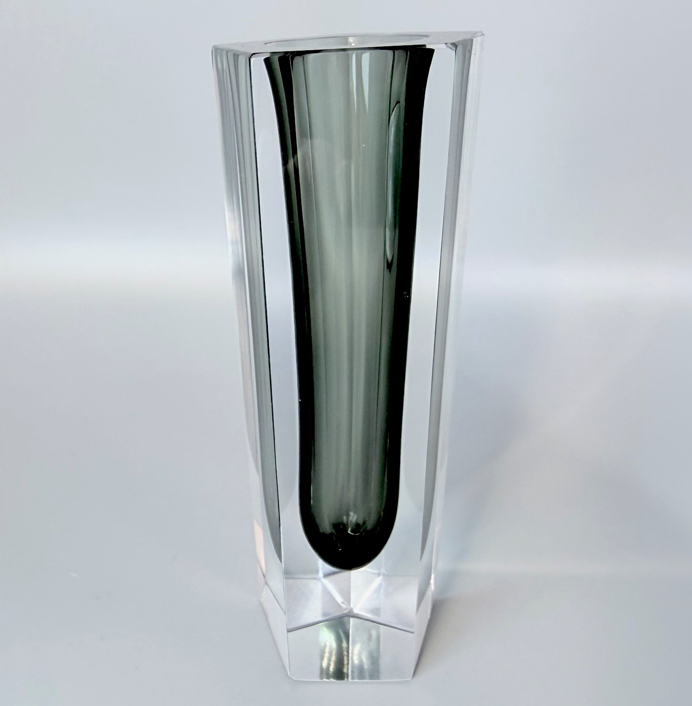 Murano Style Sommersso Art Glass Vase Heavy Clear Smoke Gray Faceted MCM