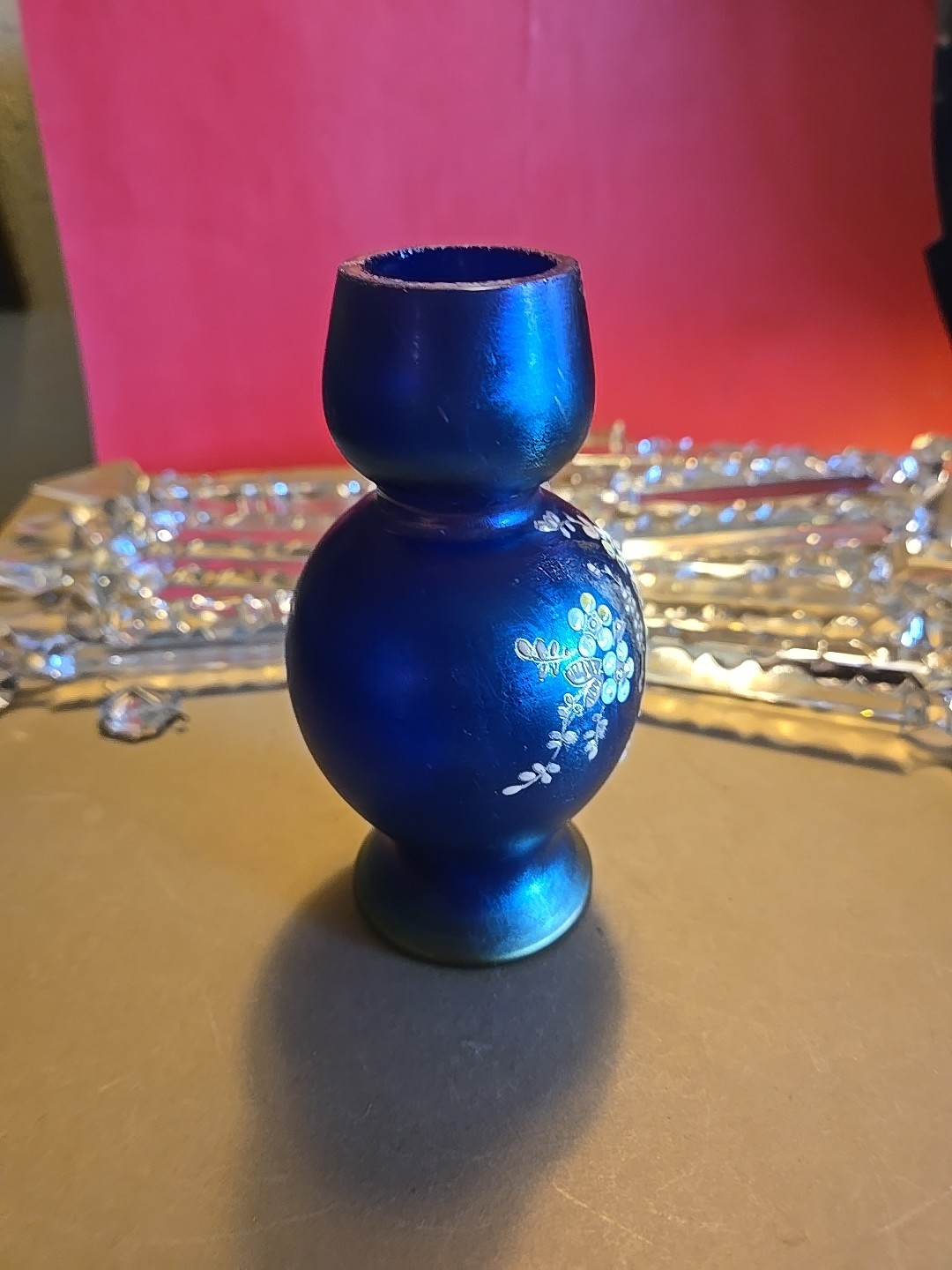 Vintage LOETZ ? Bohemian Blue Aurene Art Glass Iridescent Vase Floral Decor