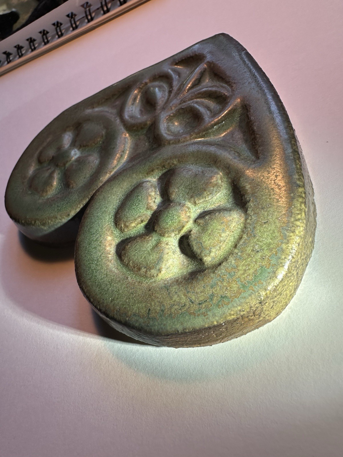 Arts n Crafts Pewabic Pottery Heart Shape Ceramic Tile Green Floral Detroit 1996
