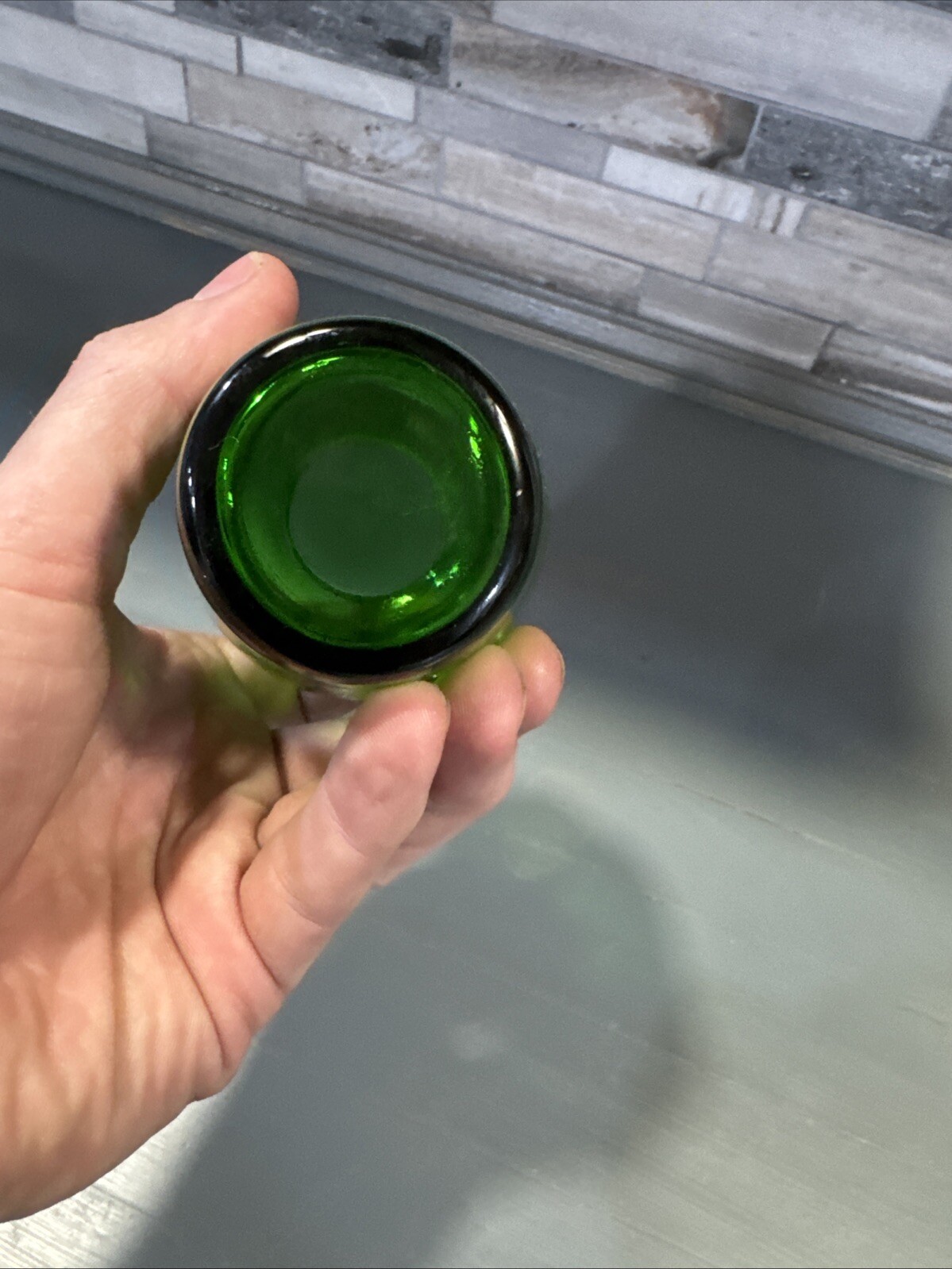 Vintage Anchor Hocking Forest Green Glass Bud Vase Gold Design 3-3/4″
