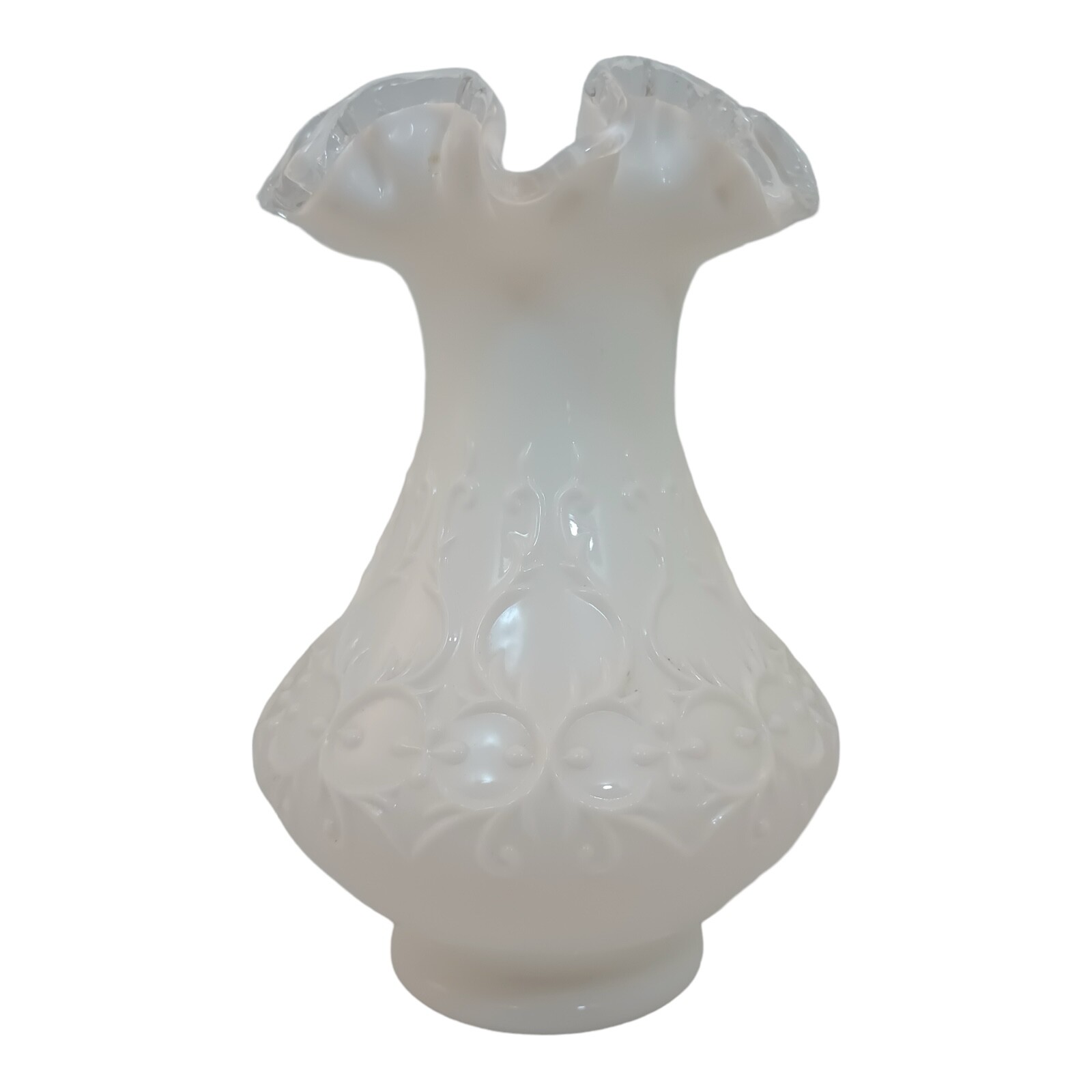 Vintage Fenton Milk Glass Sliver Crest Spanish Lace Crimped Ruffle Embossed Vase