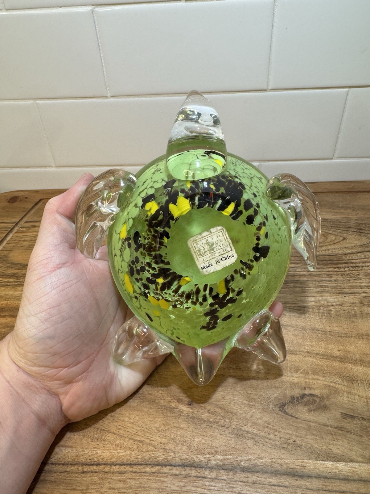 Fifth Ave Crystal Heavy Art Glass Green Sea Turtle 7” Large Heavy Paperweight