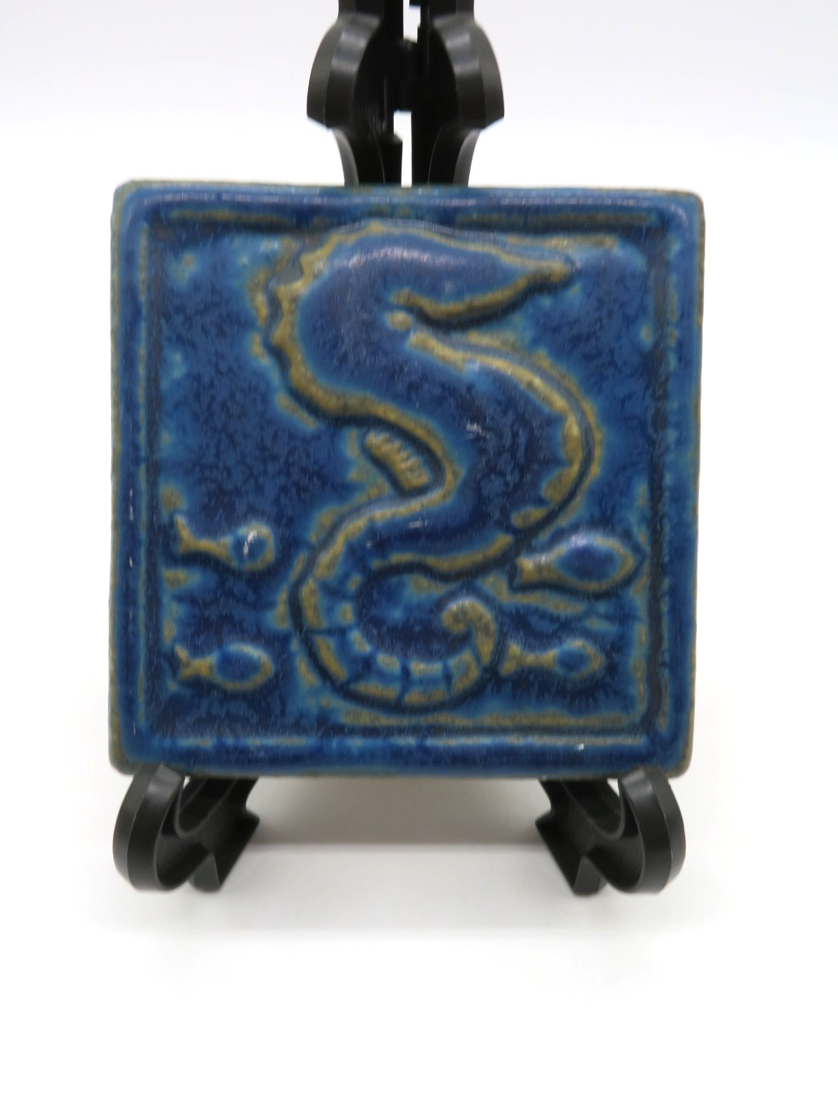 1992 Pewabic Pottery Detroit Tile Seahorse & Fish in Blue Glaze 4″ square