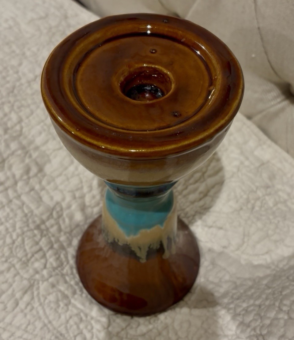 Vintage Art Pottery Pillar Candlestick Holder Drip Glaze Multi Colors 9” Heavy