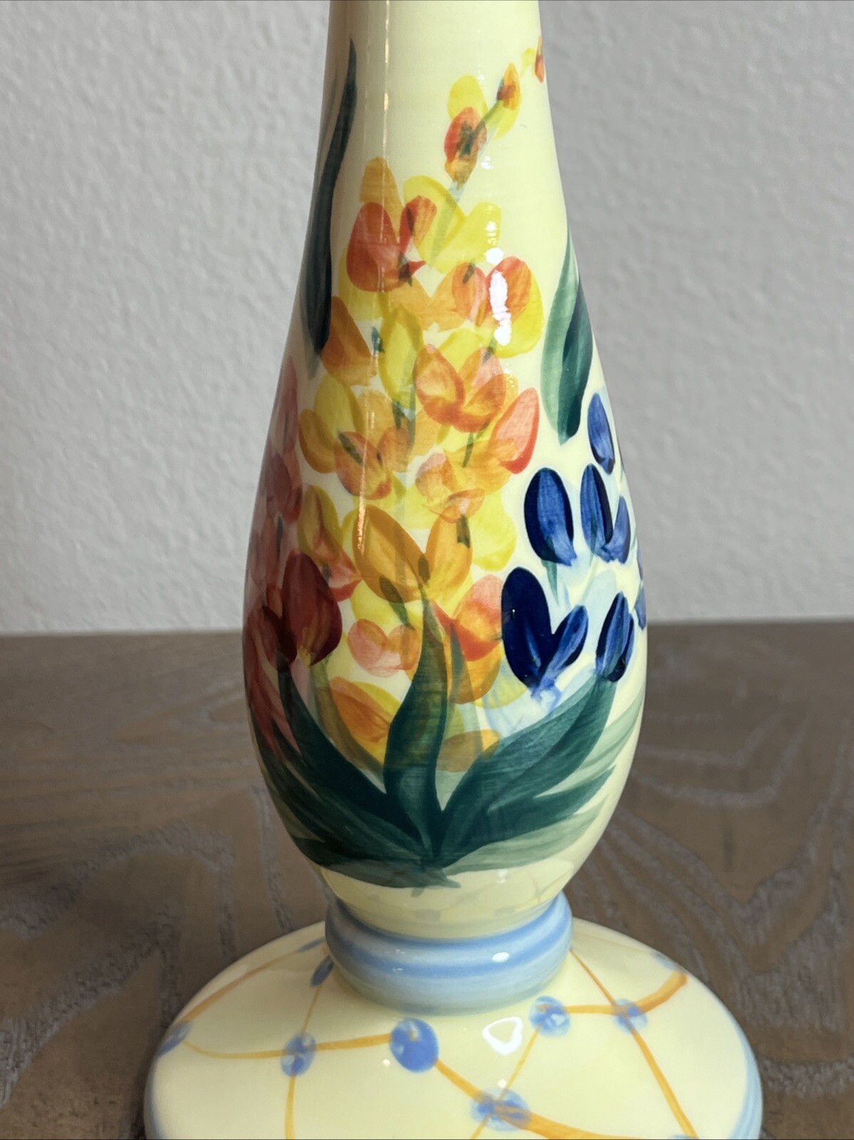 Vintage 1999 Gail Pittman 9” Hand Painted Ceramic Candlestick Holder