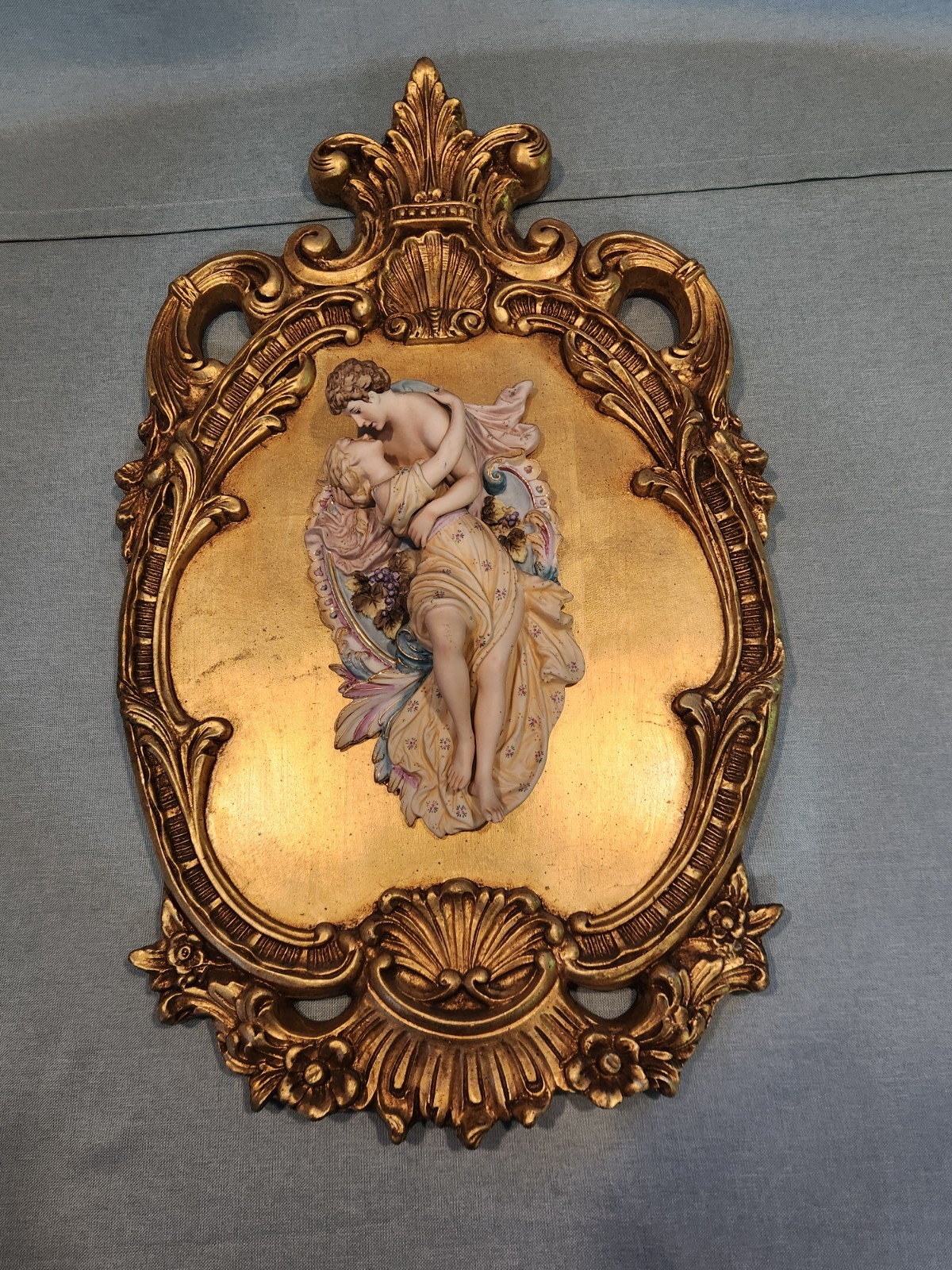 Antique Wall Plaque Pair of Lovers Figural Porcelain Bisque Figurine Couple