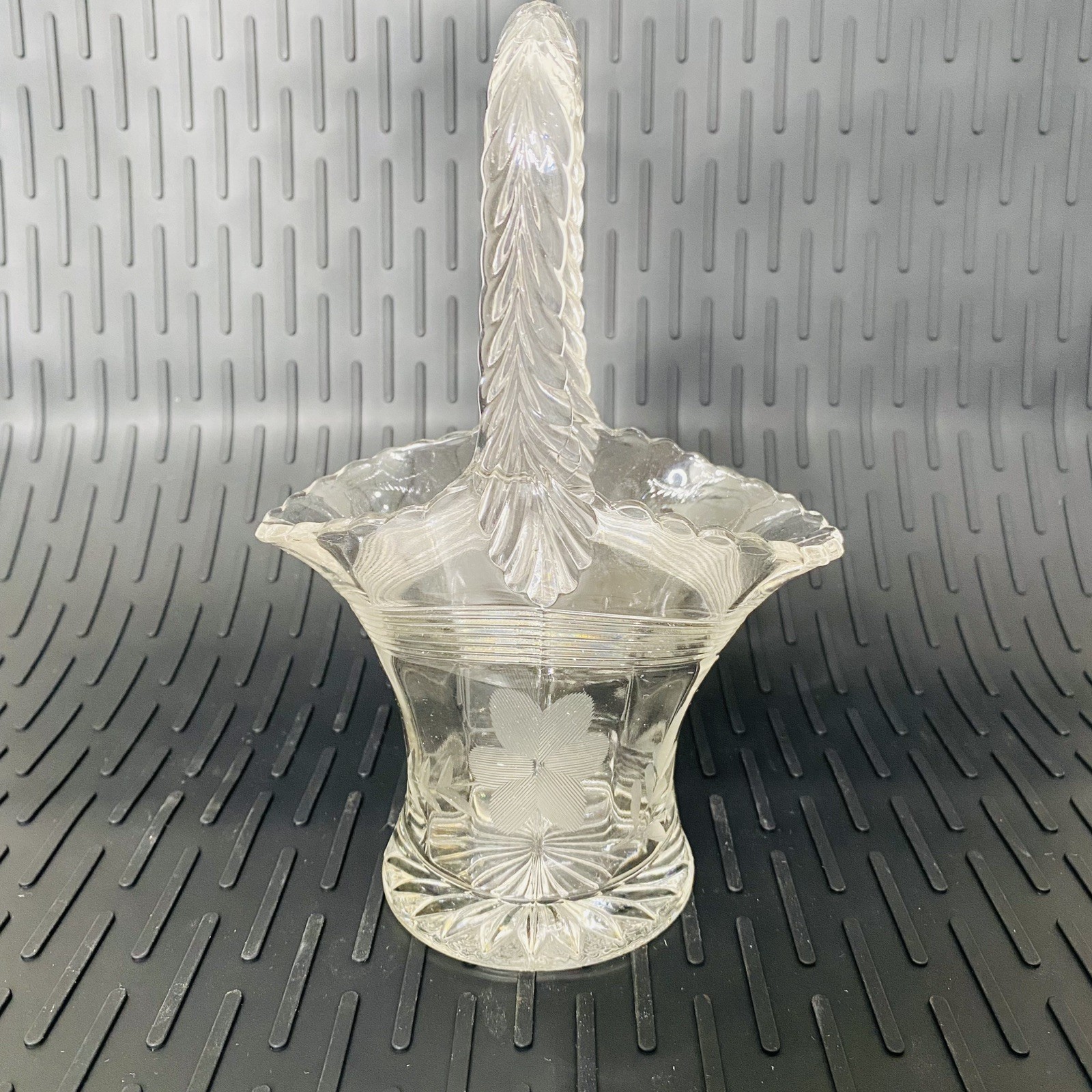 Clear Glass Basket Crystal Wheel Cut Easter Etched Flower Bride Basket
