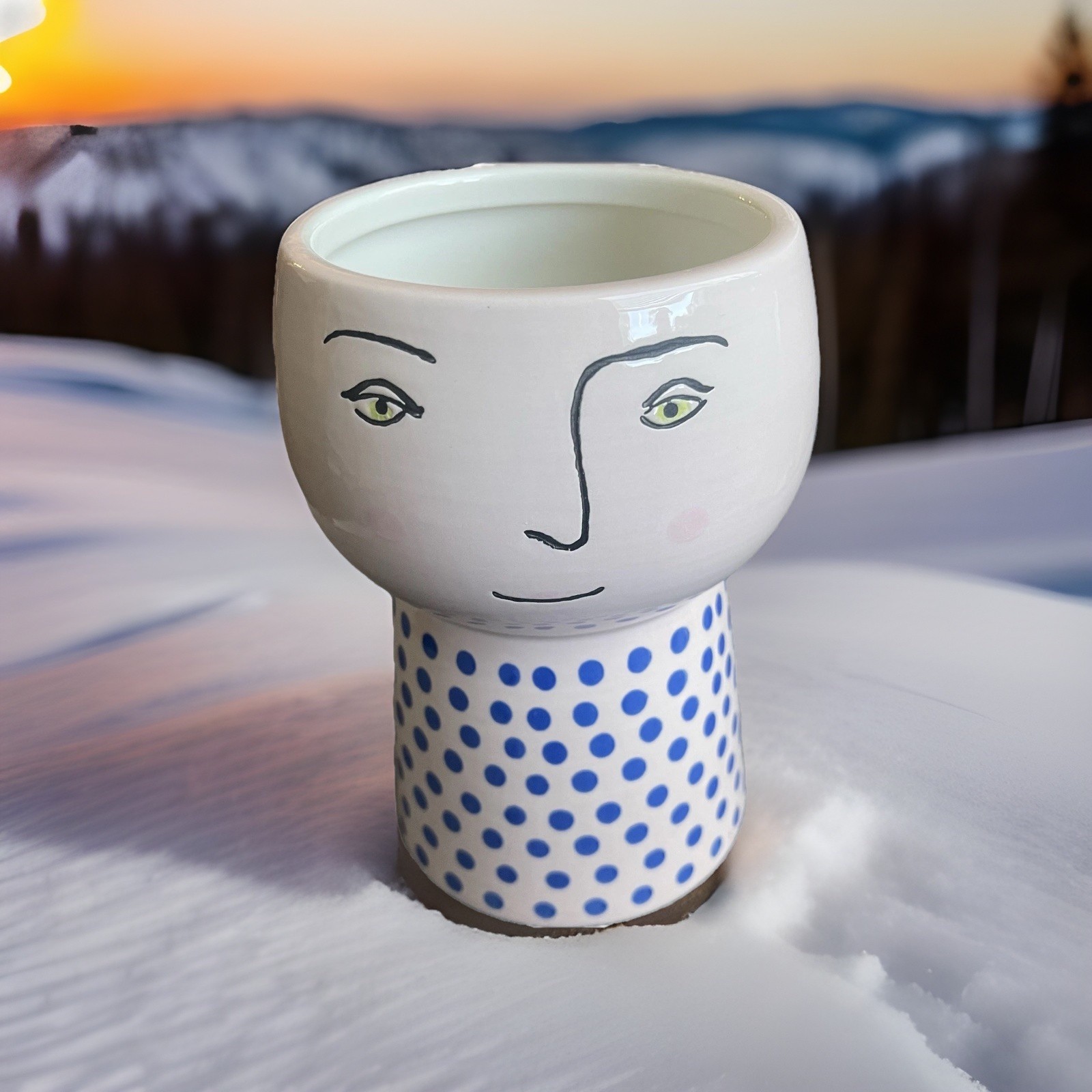 Modern Face Vase Blue Polka Dots White Base 4.5”T 3”Diam Top