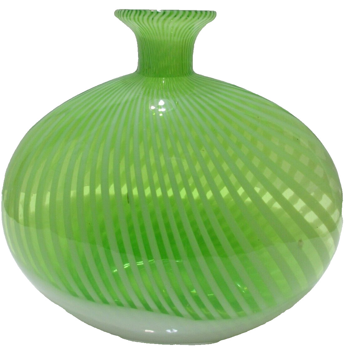 Hand Crafted Art Glass Vase Oval Green White Clear Swirl Stripes 7 3/4″ Tall